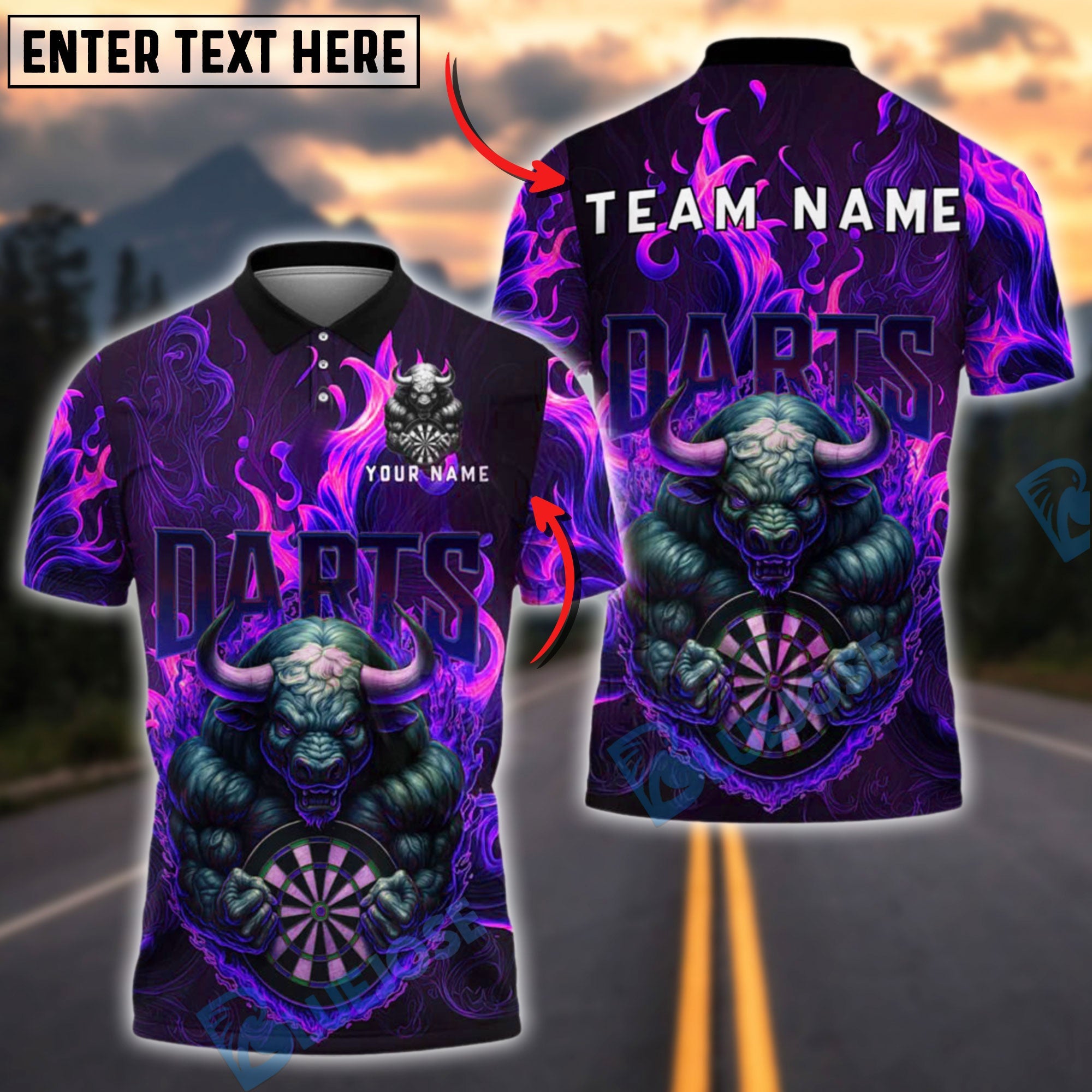 BlueJose Darts Fire Bull Mascot Flaming Dartboard Customized Name, Team Name 3D Shirt (4 Colors)