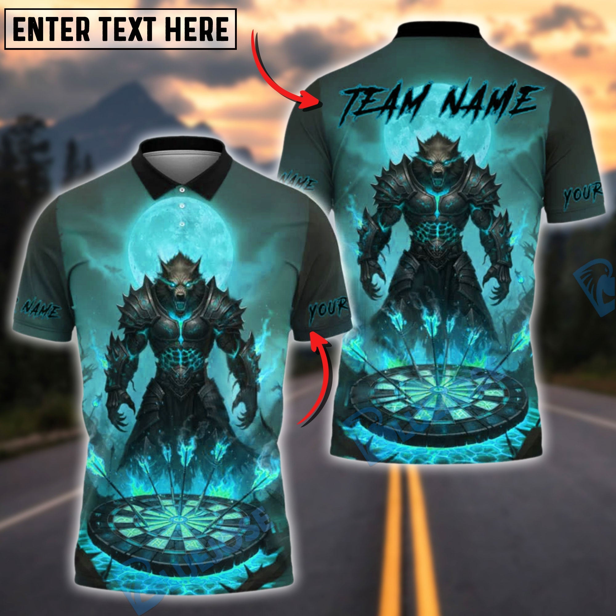 BlueJose Darts Dark Knight Wolf Red Moon Fiery Dartboard Customized Name, Team Name 3D Shirt (4 Colors)