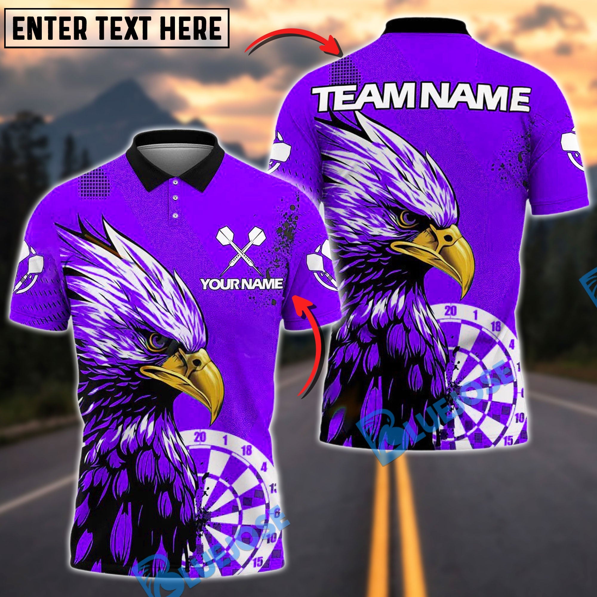 BlueJose Darts Eagle Fierce Blue Avian Graphic Personalized Name, Team Name Shirt (4 Colors)