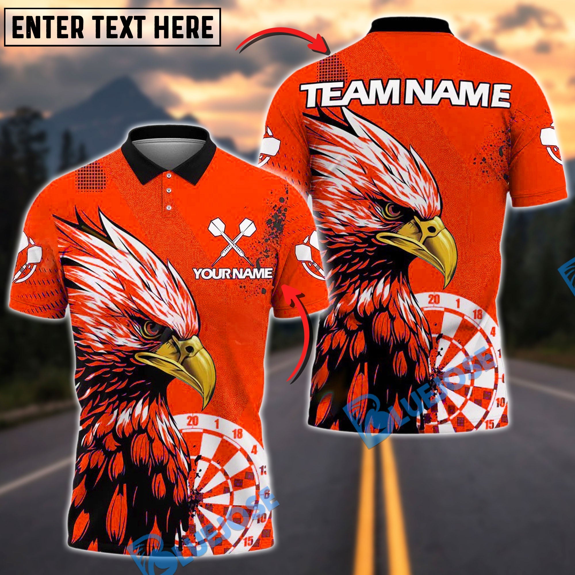 BlueJose Darts Eagle Fierce Blue Avian Graphic Personalized Name, Team Name Shirt (4 Colors)