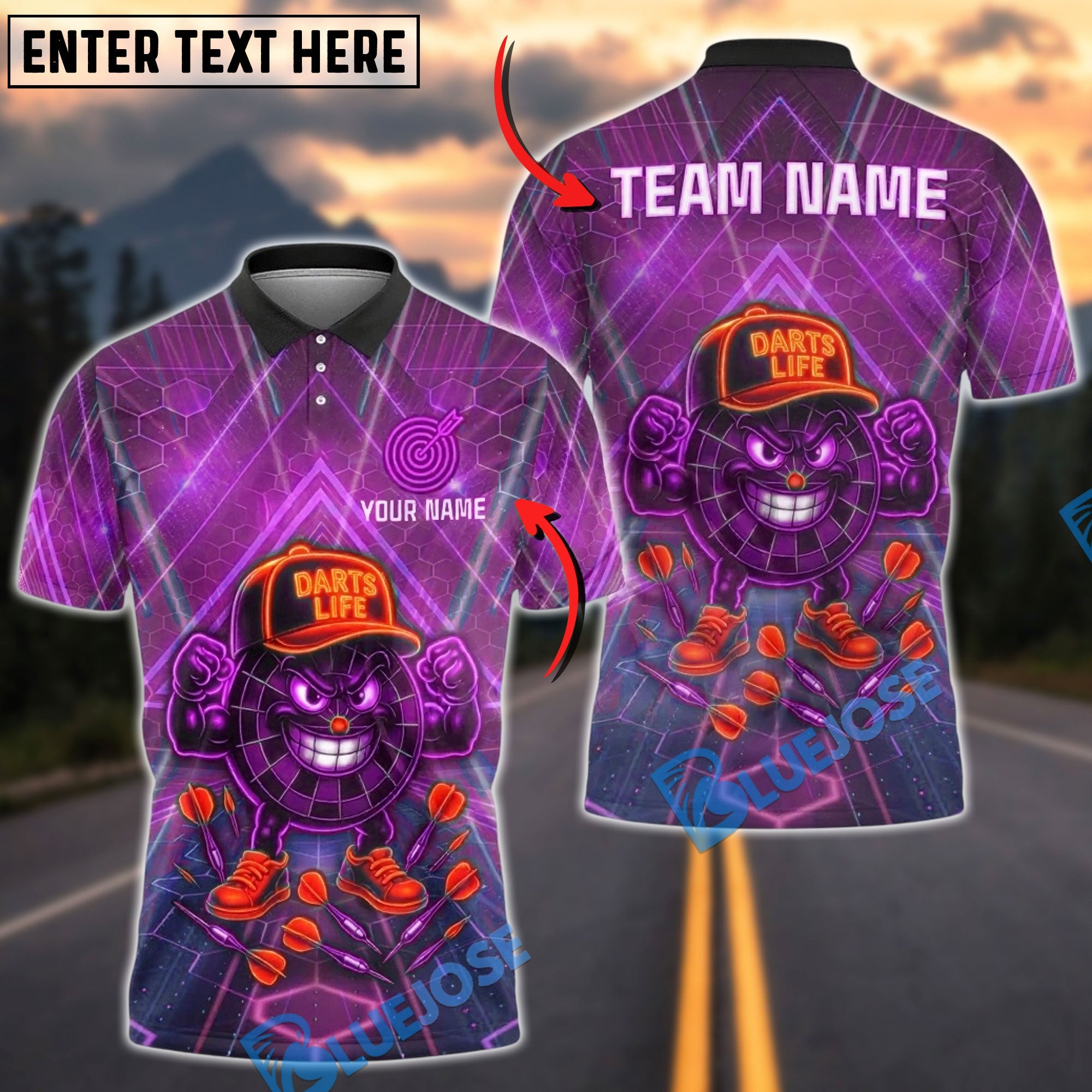 BlueJose Darts Life Neon Target Cartoon Customized Name, Team Name 3D Shirt (4 Colors)