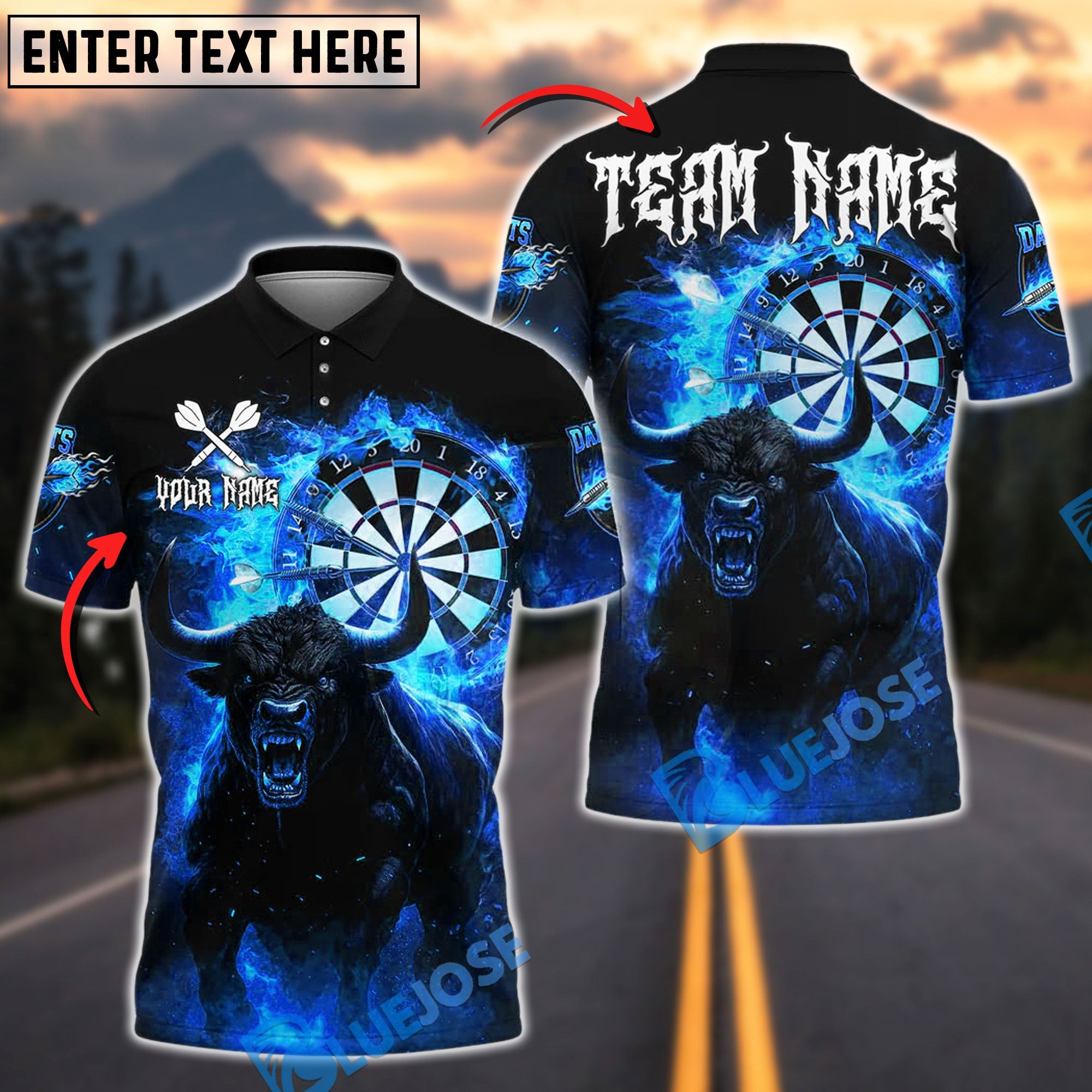 BlueJose Darts Flaming Bull & Dartboard Design Customized Name, Team Name 3D Shirt (4 Colors)