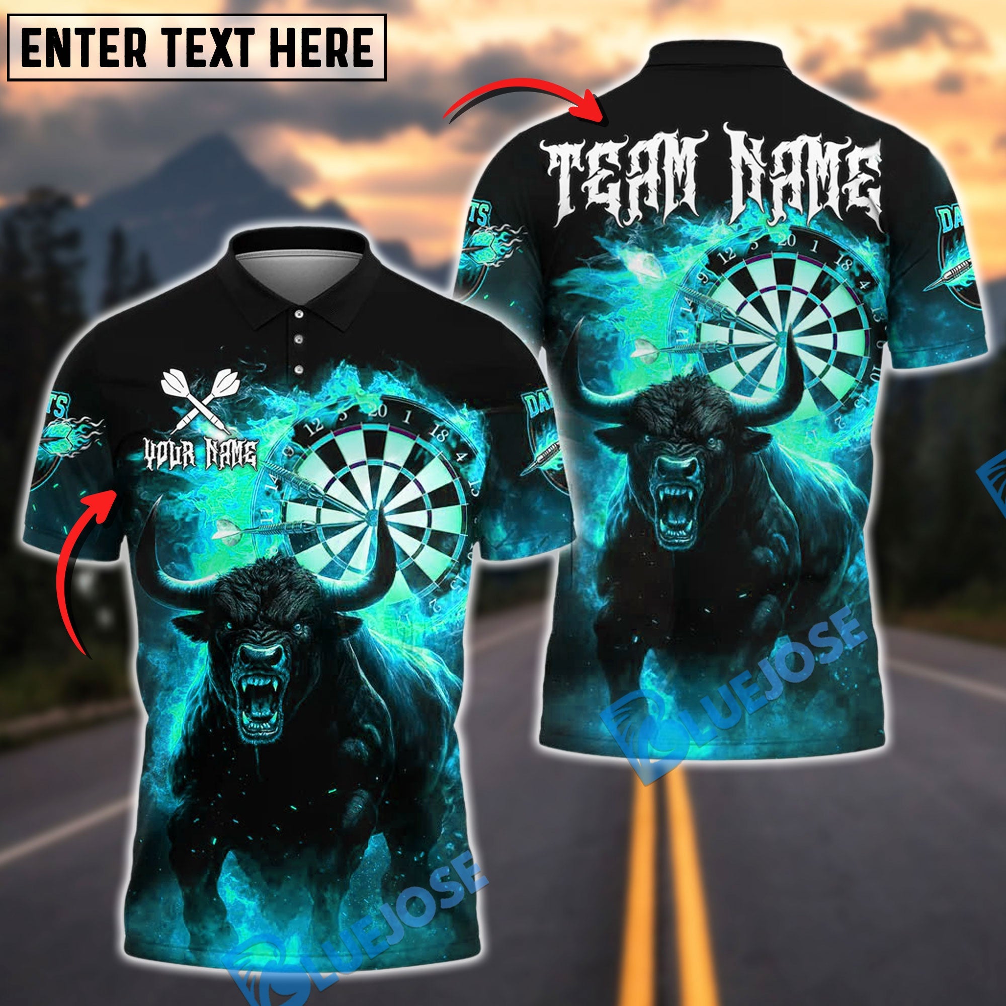 BlueJose Darts Flaming Bull & Dartboard Design Customized Name, Team Name 3D Shirt (4 Colors)