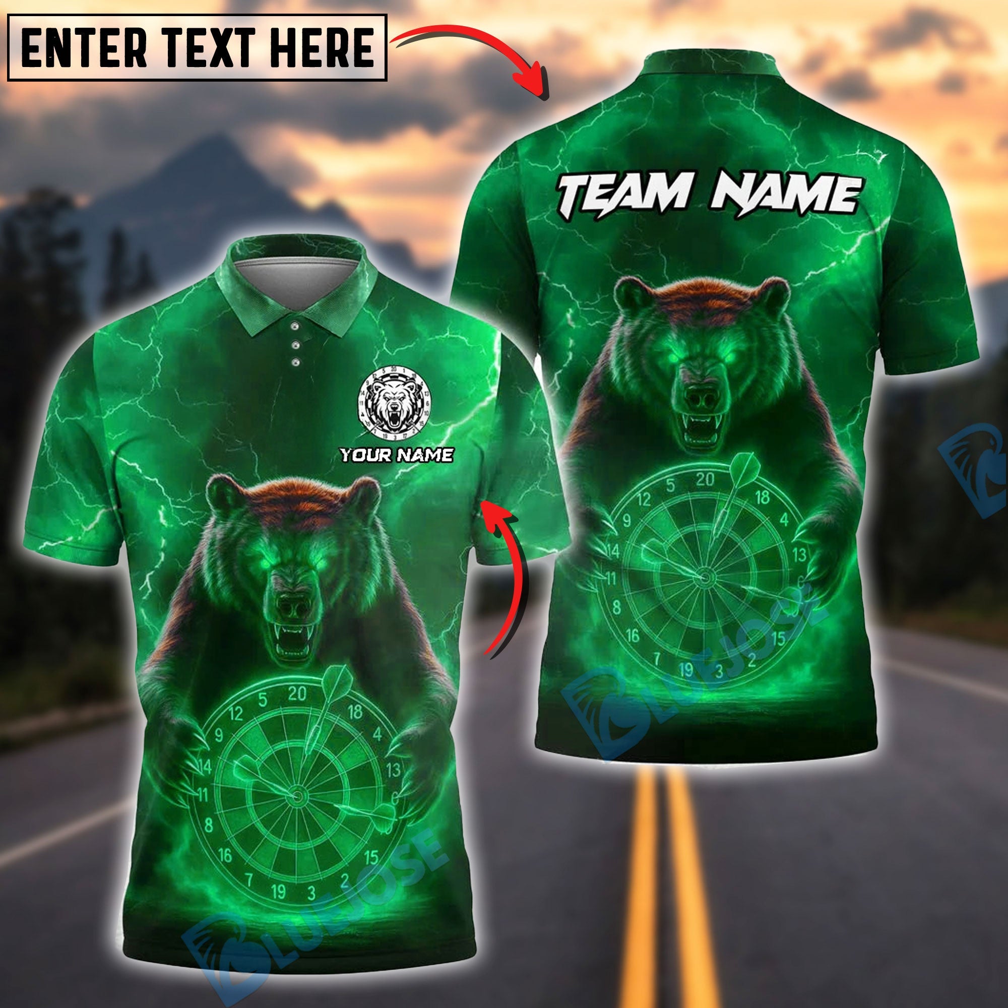 BlueJose Darts Bear Lightning Customized Name, Team Name 3D Shirt (4 Colors)