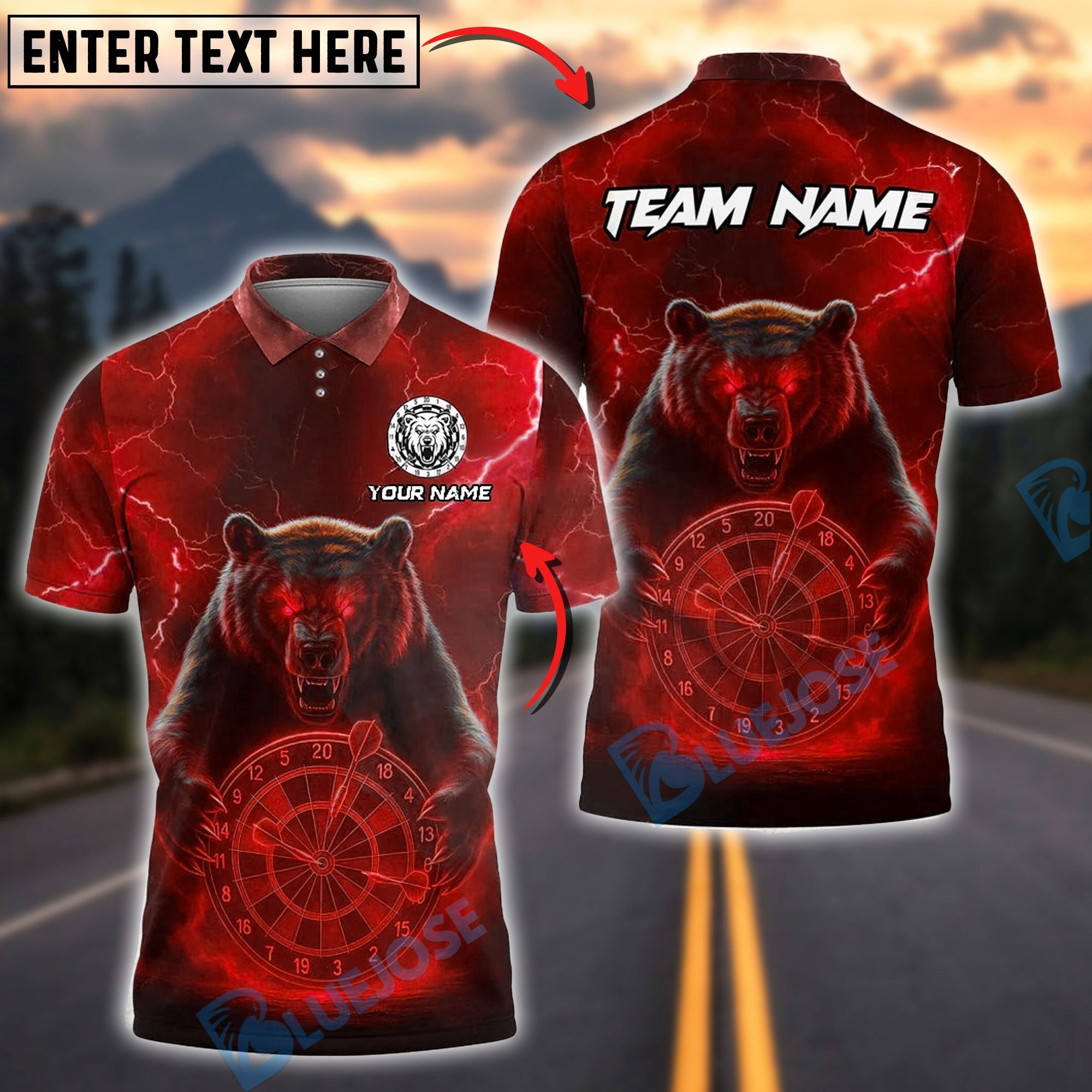 BlueJose Darts Bear Lightning Customized Name, Team Name 3D Shirt (4 Colors)