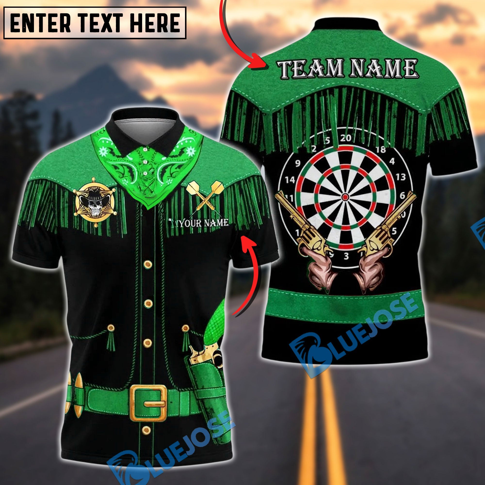 BlueJose Darts Western Fringe Revolver Dartboard Personalized Name, Team Name Unisex Shirt (4 Colors)