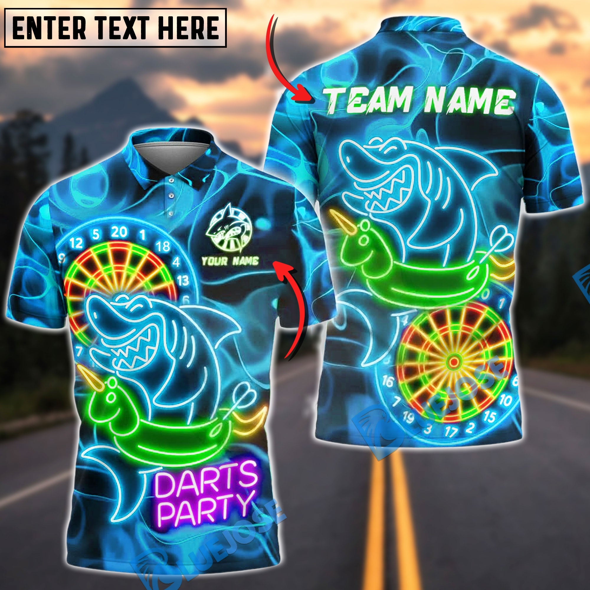 BlueJose Darts Party Shark Inflatable Neon Customized Name, Team Name 3D Shirt (4 Colors)