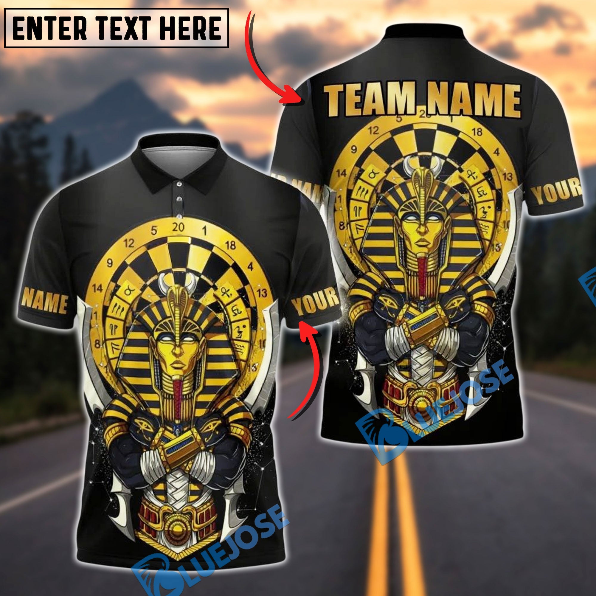 BlueJose Darts Egyptian Pharaoh Gold Royal Target Customized Name, Team Name 3D Shirt (4 Colors)