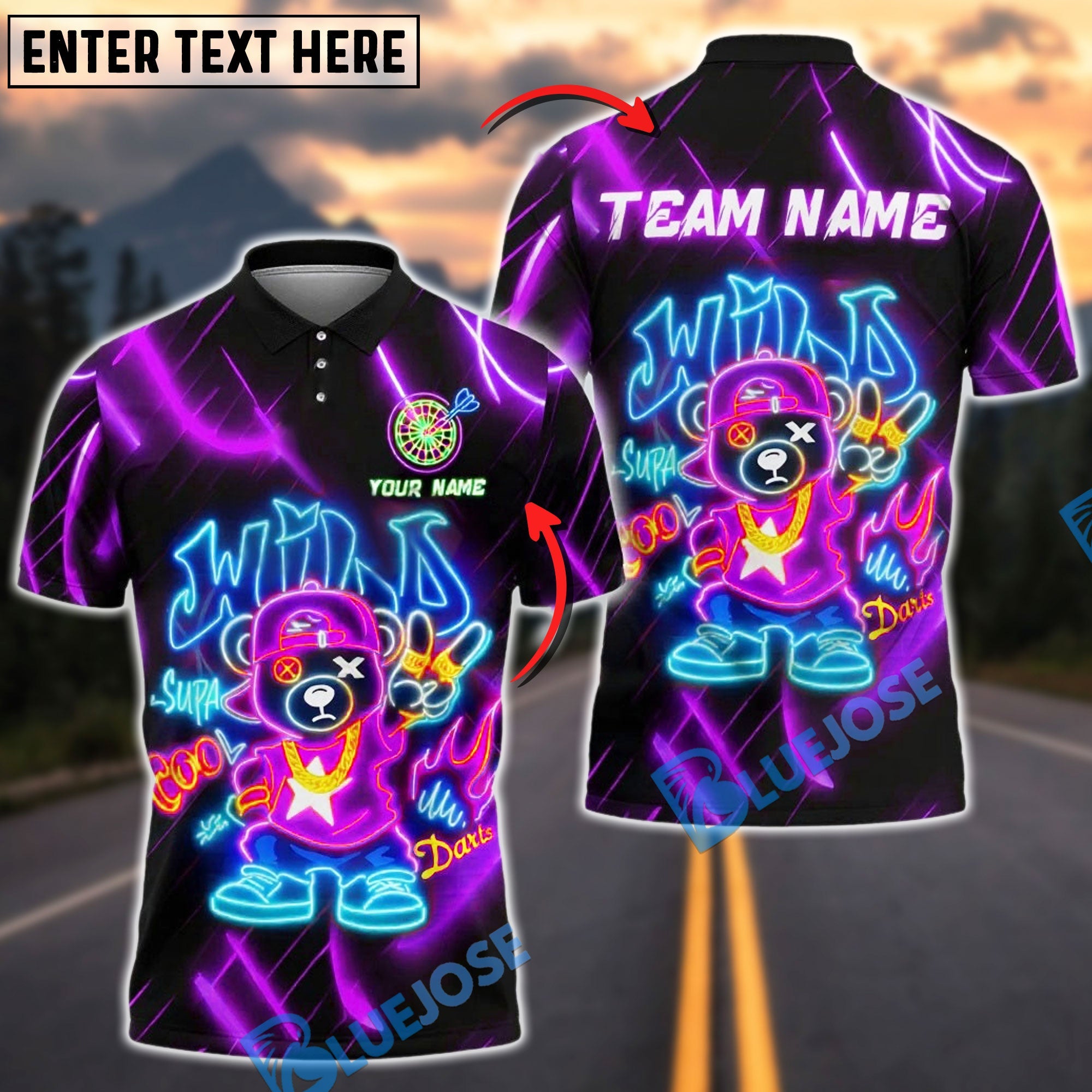 BlueJose Darts Hip Hop Bear Neon Wild Style Customized Name, Team Name 3D Shirt (4 Colors)
