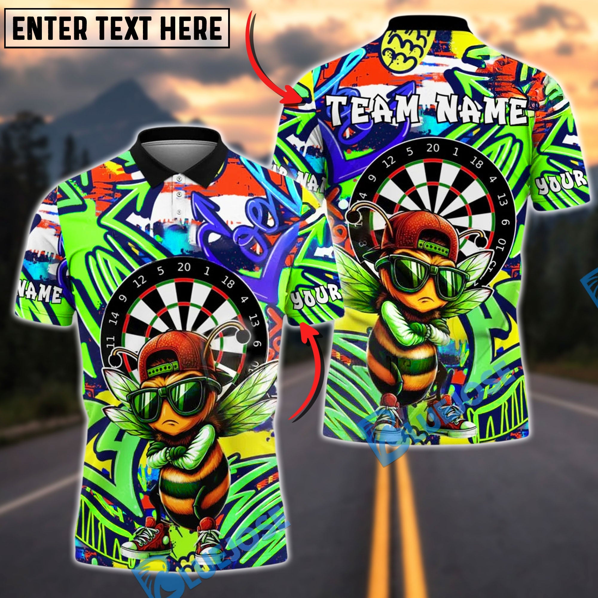 BlueJose Darts Cool Bee Graffiti Urban Style Customized Name, Team Name 3D Shirt (4 Colors)