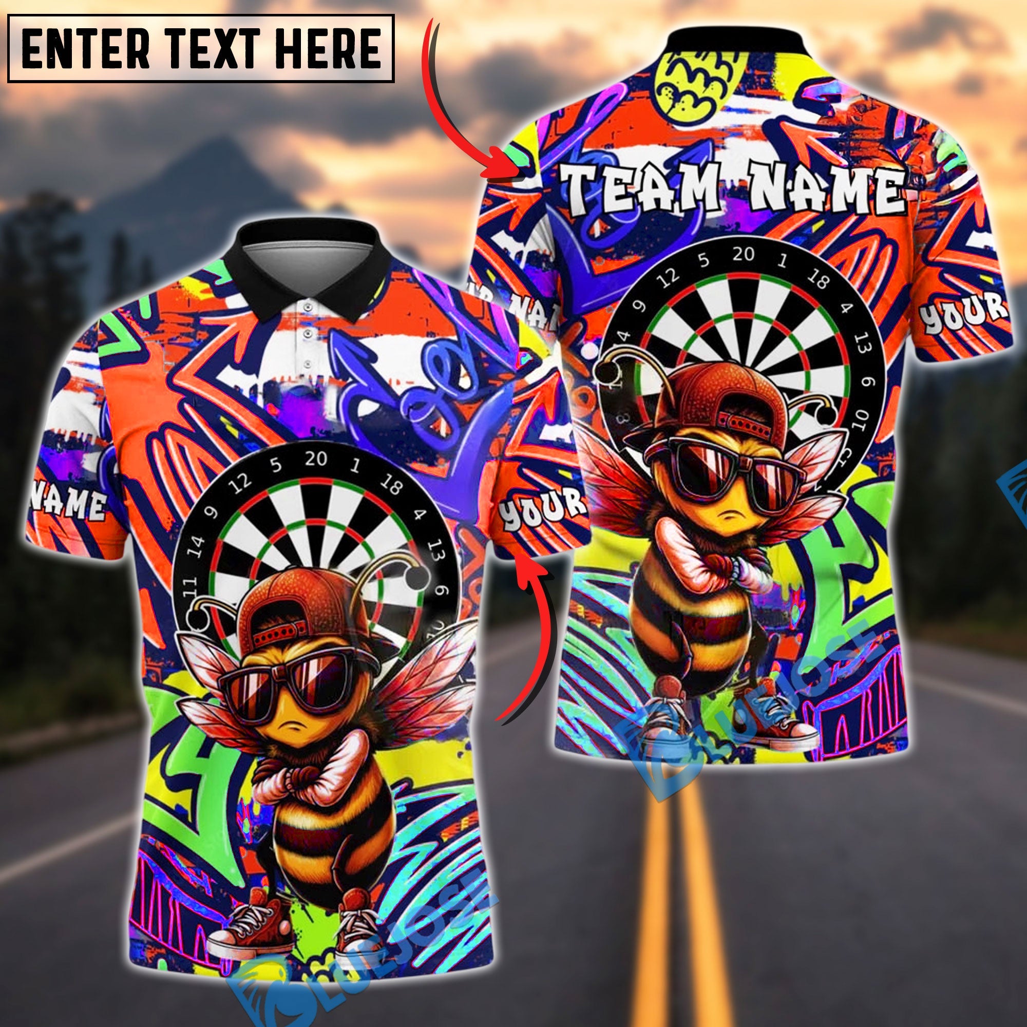 BlueJose Darts Cool Bee Graffiti Urban Style Customized Name, Team Name 3D Shirt (4 Colors)
