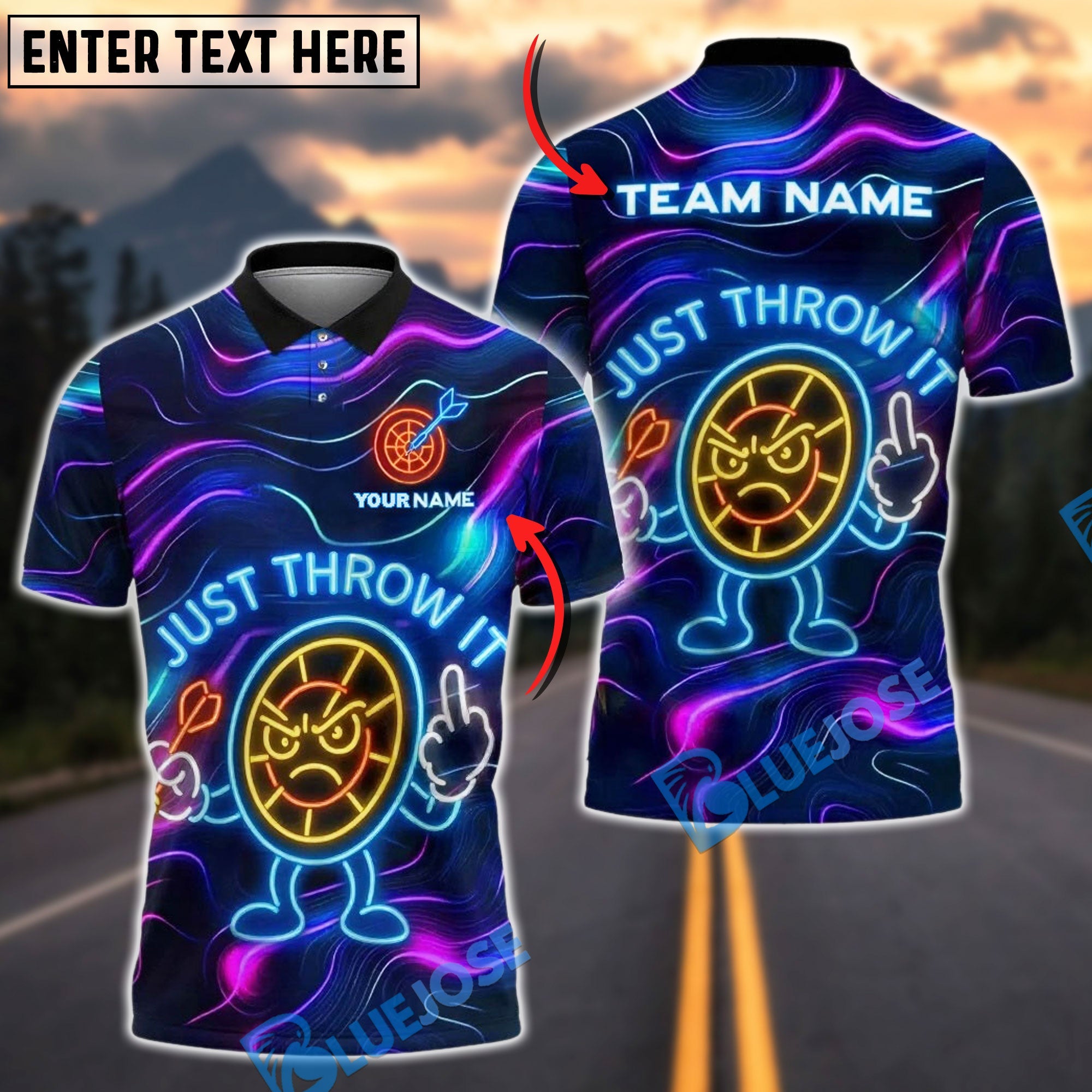 BlueJose Darts Neon Angry Target ‚ÄúJust Throw It‚Äù Design Customized Name, Team Name 3D Shirt (4 Colors)