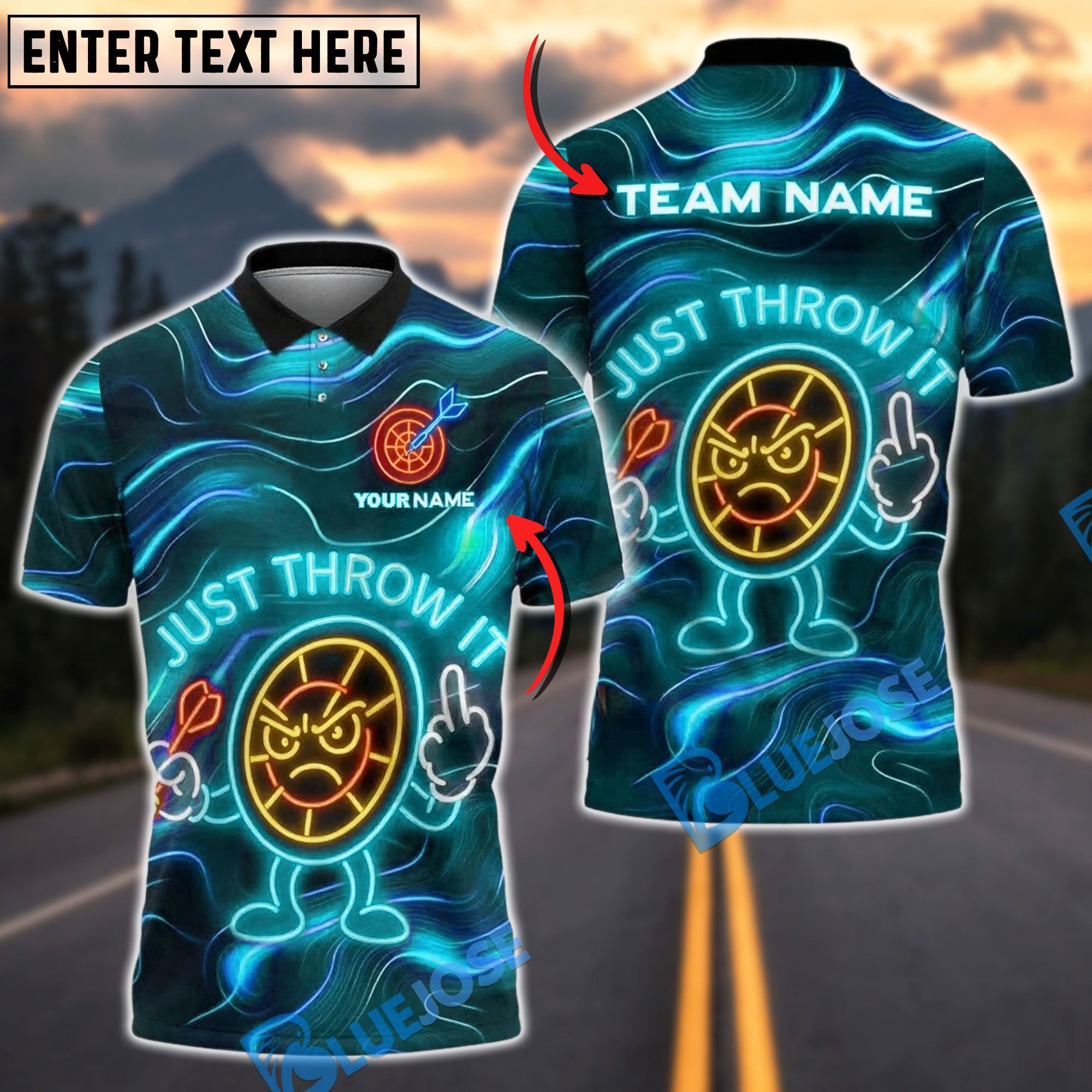 BlueJose Darts Neon Angry Target ‚ÄúJust Throw It‚Äù Design Customized Name, Team Name 3D Shirt (4 Colors)