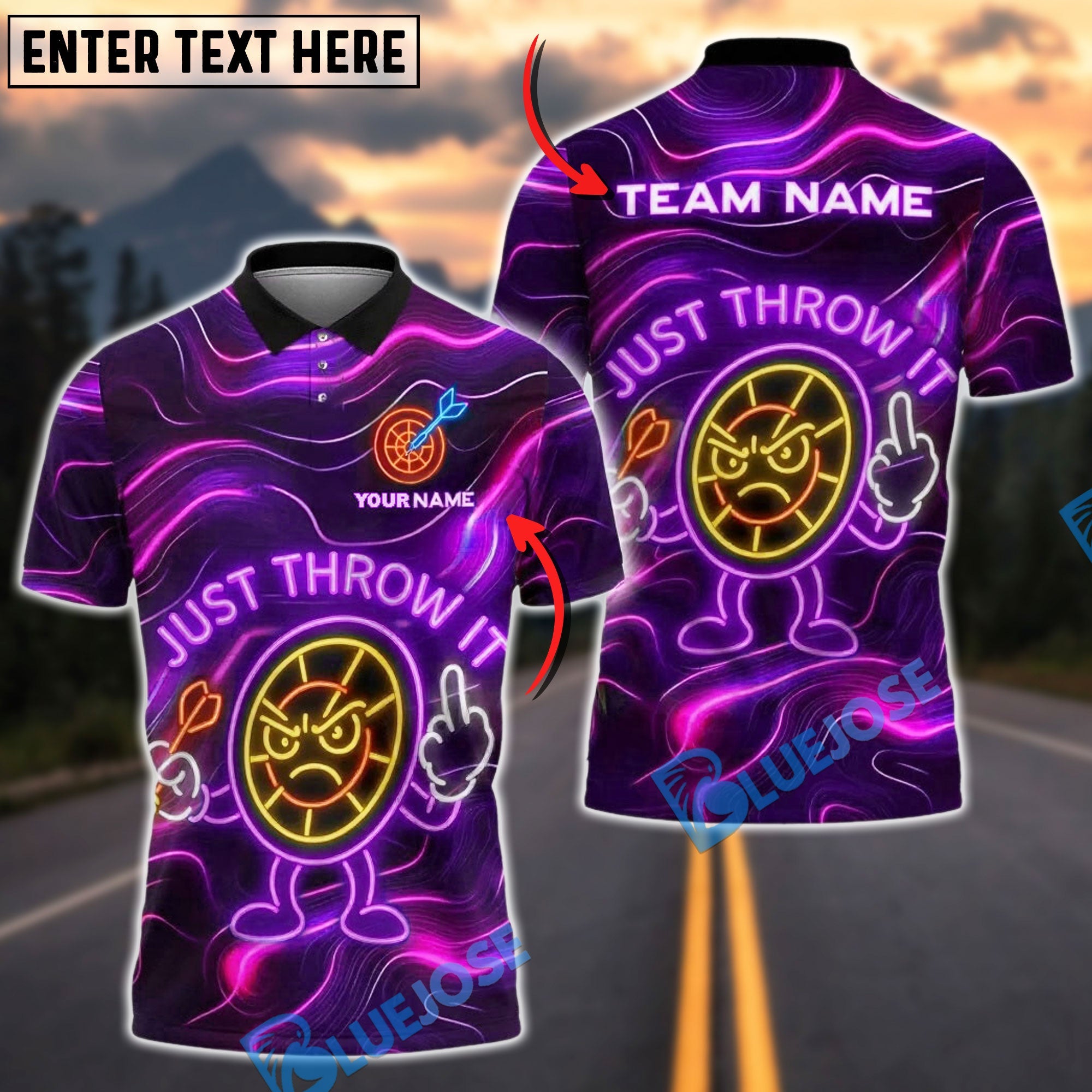 BlueJose Darts Neon Angry Target ‚ÄúJust Throw It‚Äù Design Customized Name, Team Name 3D Shirt (4 Colors)