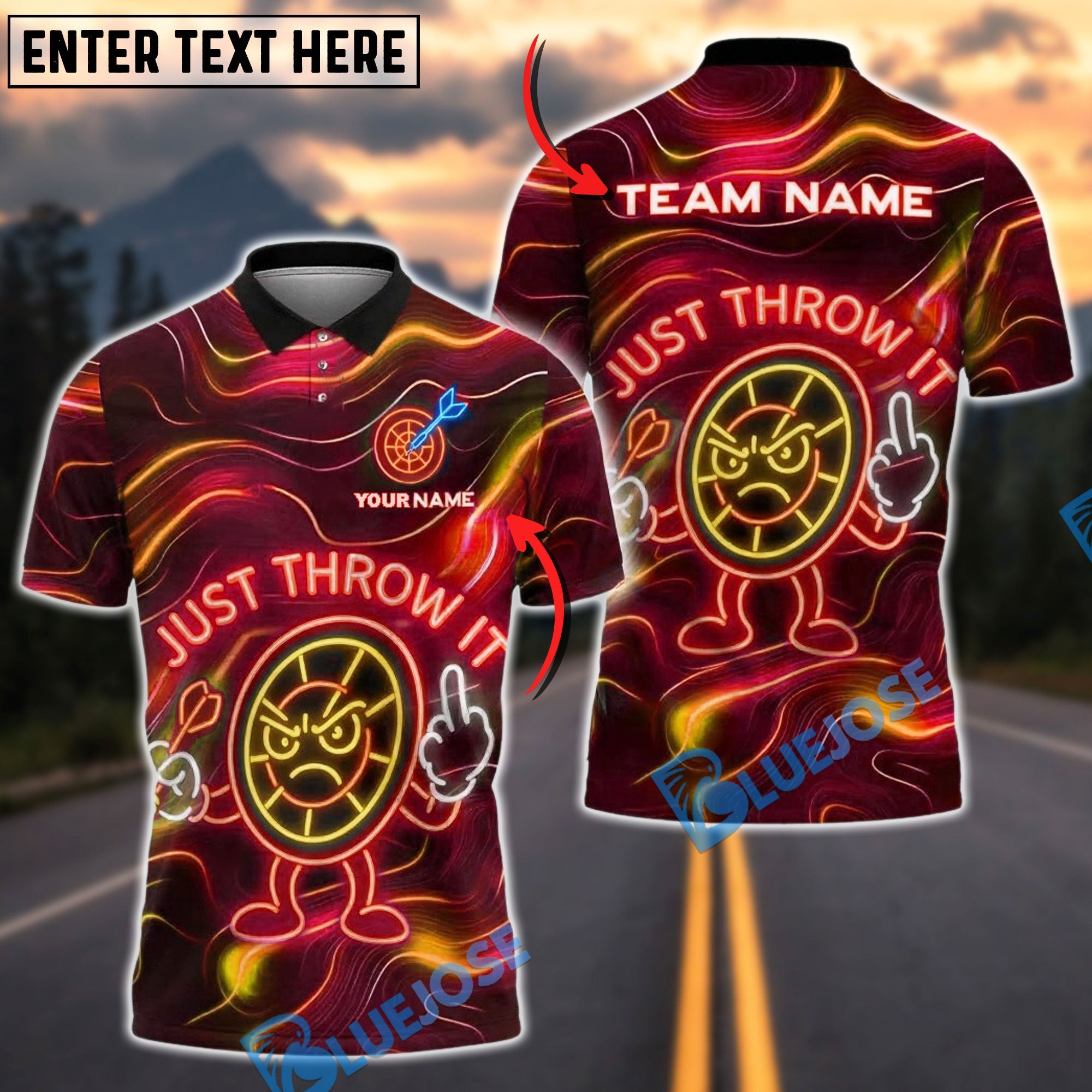 BlueJose Darts Neon Angry Target ‚ÄúJust Throw It‚Äù Design Customized Name, Team Name 3D Shirt (4 Colors)
