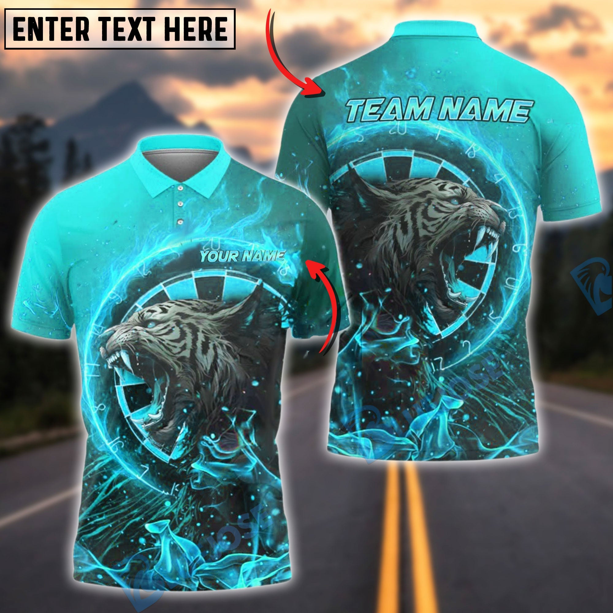 BlueJose Darts Fire Tiger Design Personalized Name, Team Name Shirt (4 Colors)