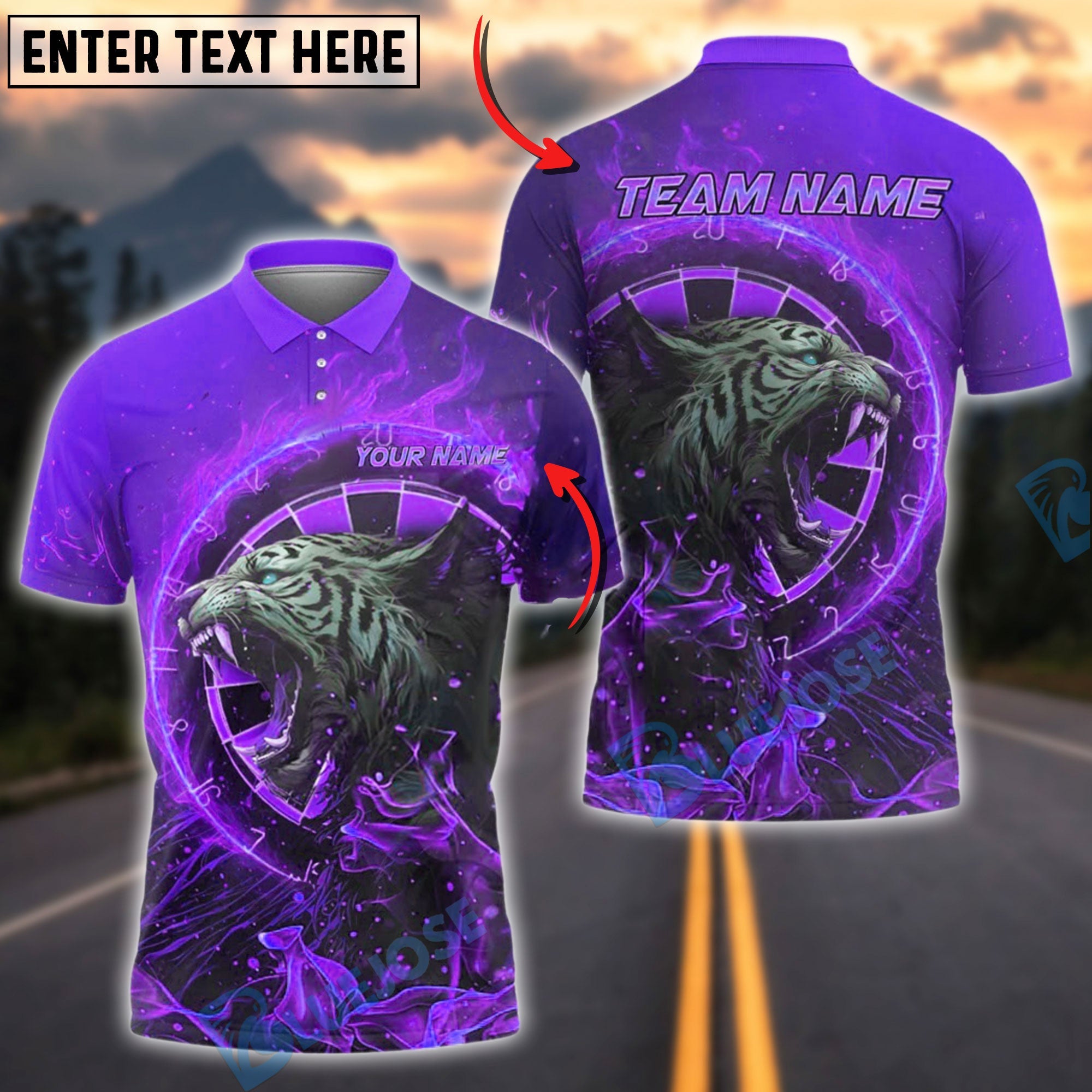 BlueJose Darts Fire Tiger Design Personalized Name, Team Name Shirt (4 Colors)