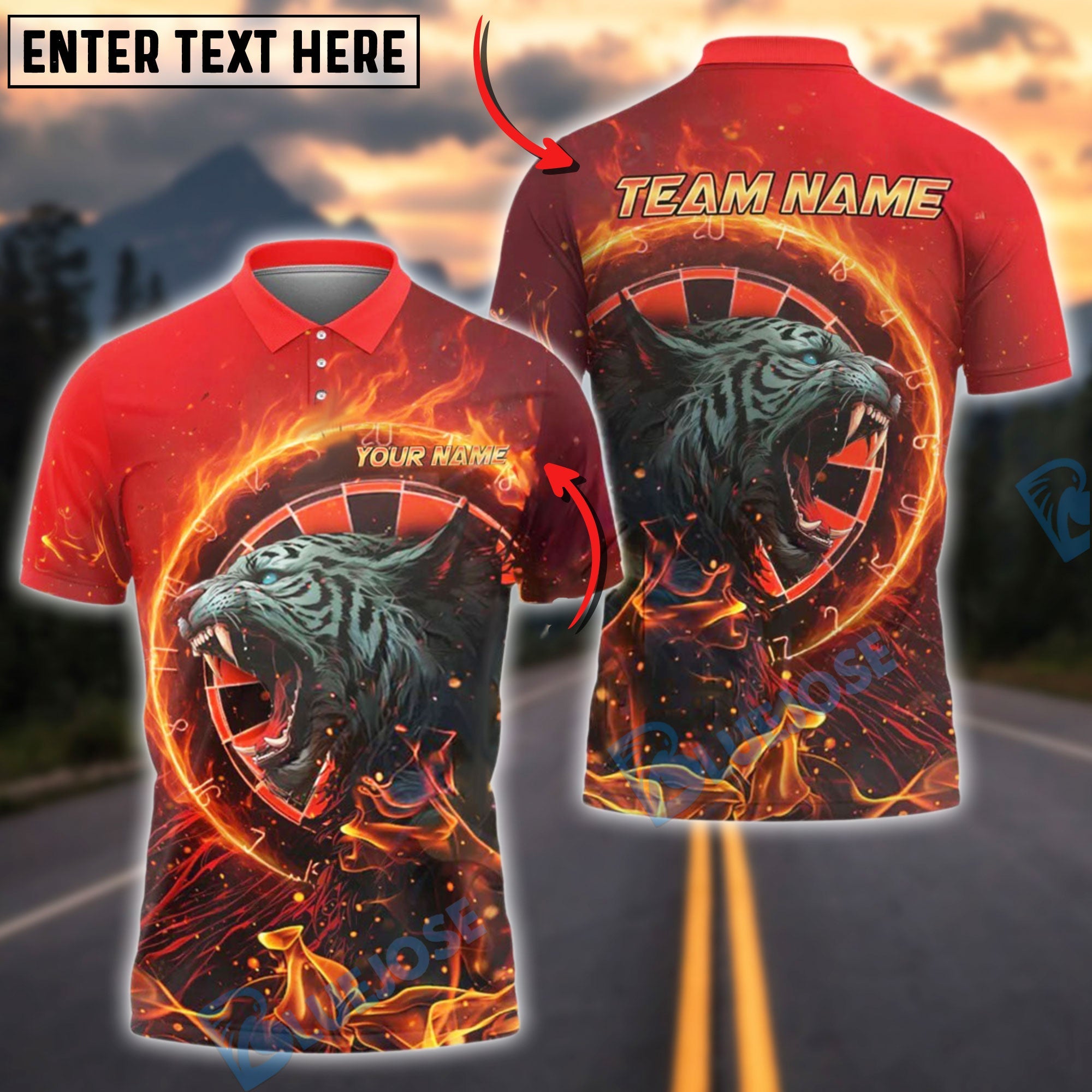 BlueJose Darts Fire Tiger Design Personalized Name, Team Name Shirt (4 Colors)
