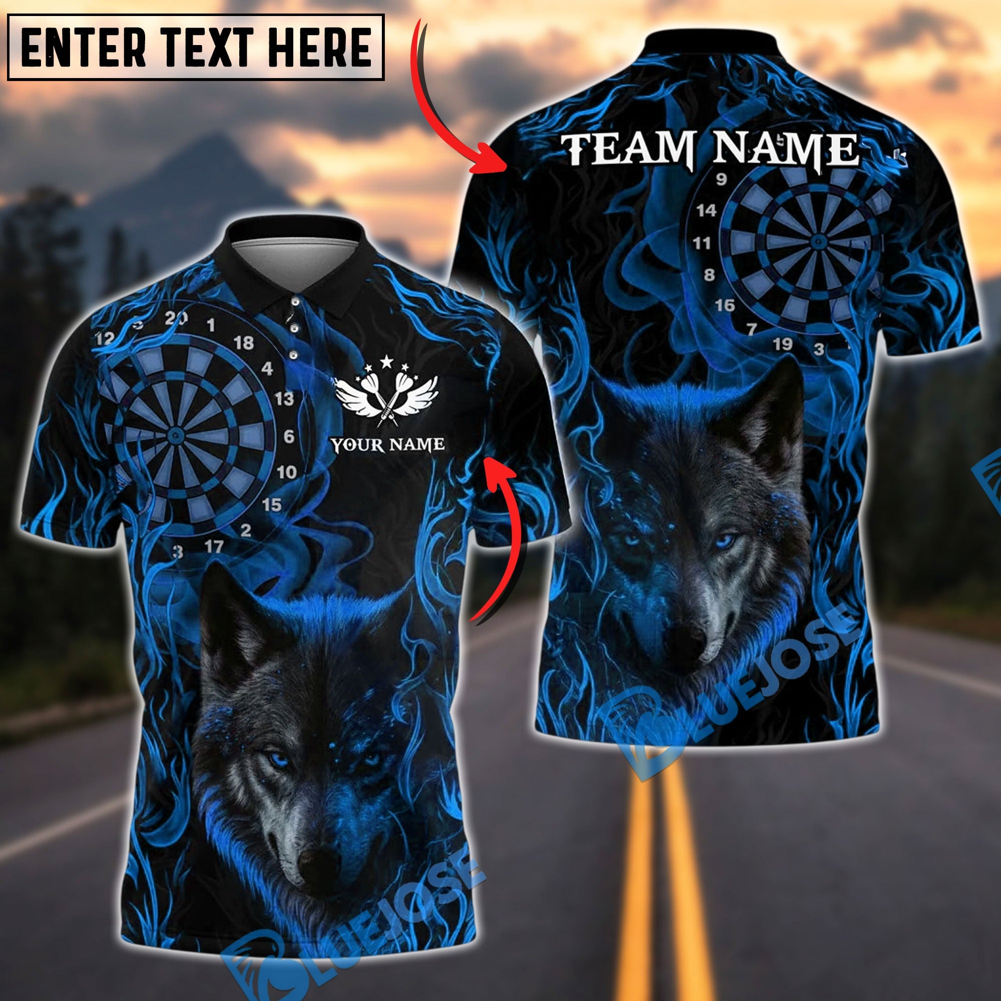 BlueJose Darts Wolf Flame Smoke Customized Name, Team Name 3D Shirt (4 Colors)