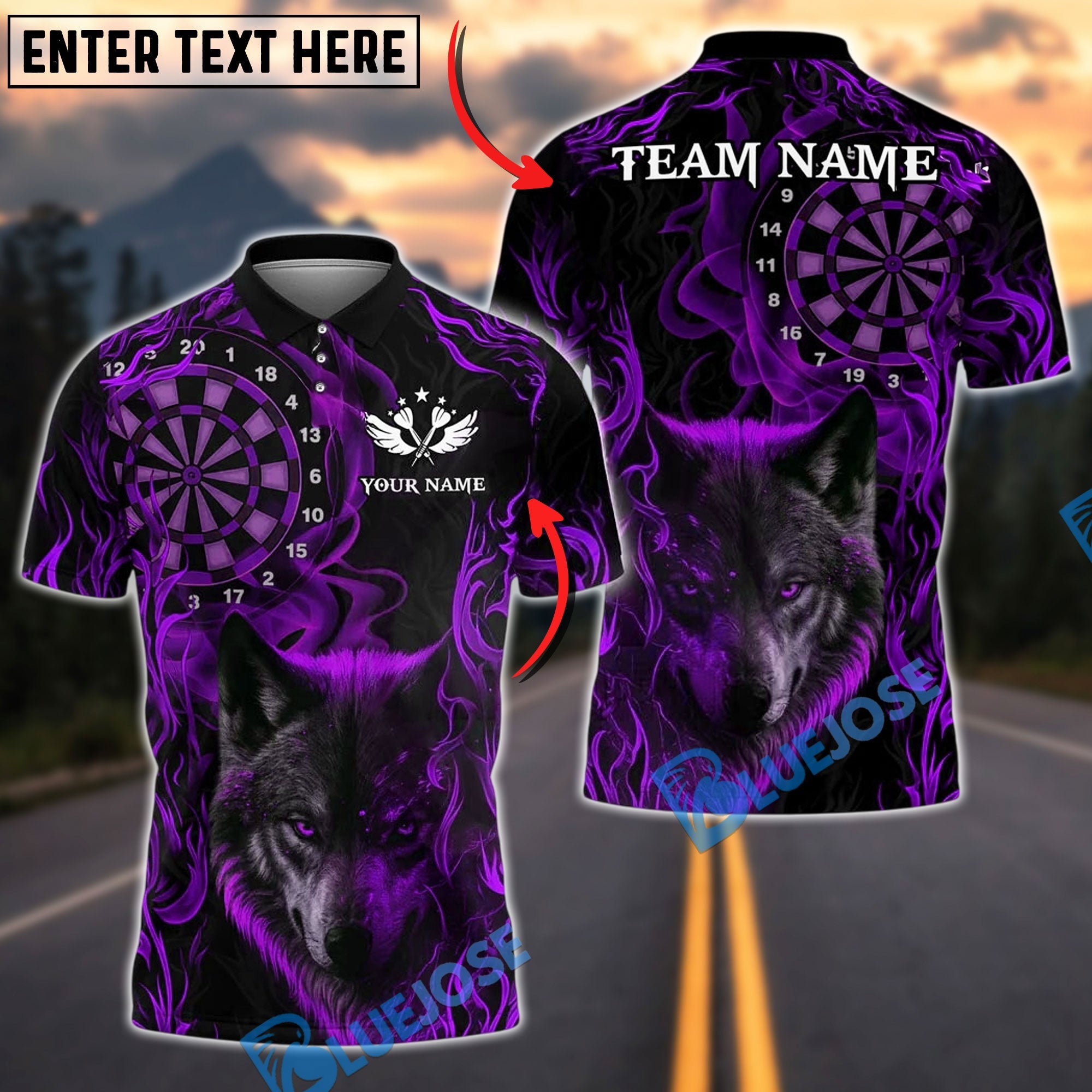 BlueJose Darts Wolf Flame Smoke Customized Name, Team Name 3D Shirt (4 Colors)