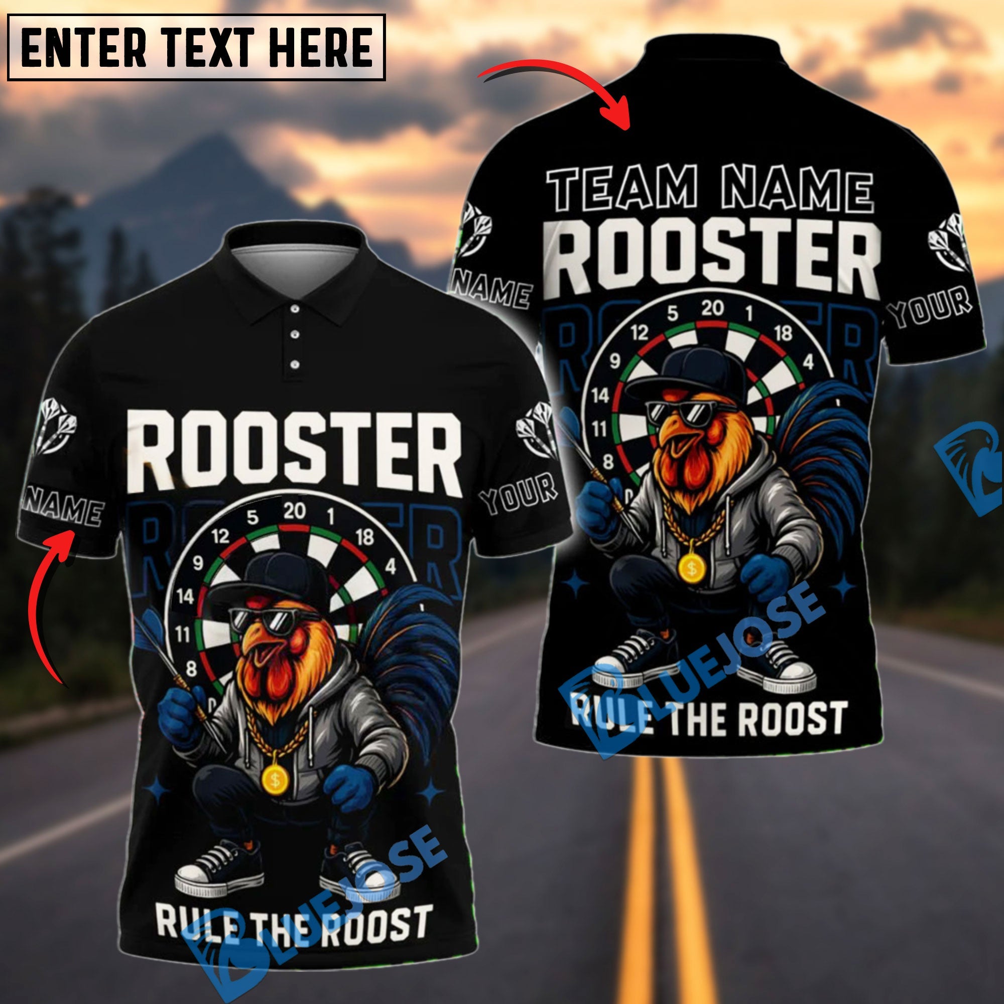 BlueJose Darts Cool Rooster Rule the Roost Design Personalized Name, Team Name Shirt (4 Colors)