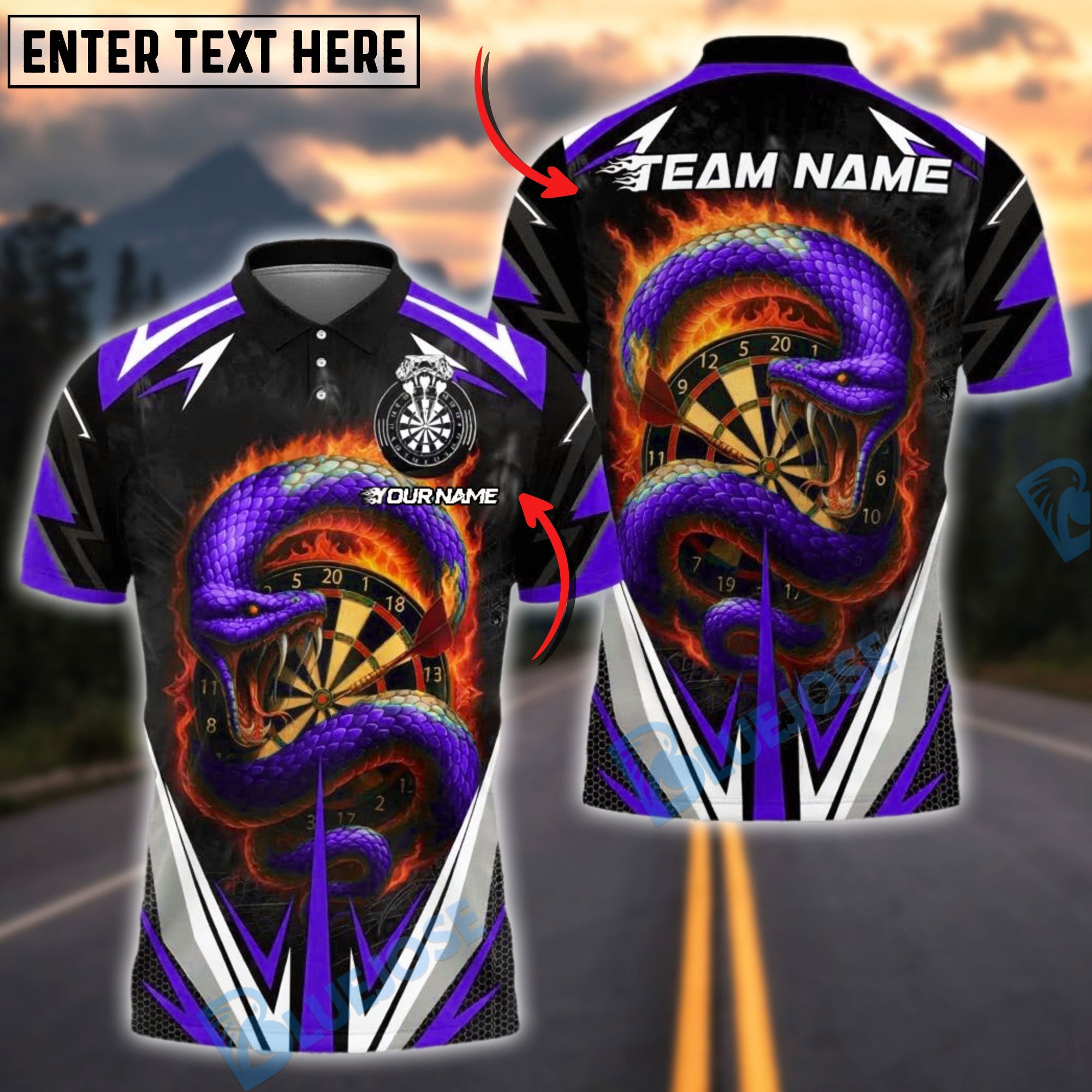 BlueJose Darts Fiery Snake Design Customized Name, Team Name 3D Shirt (4 Colors)