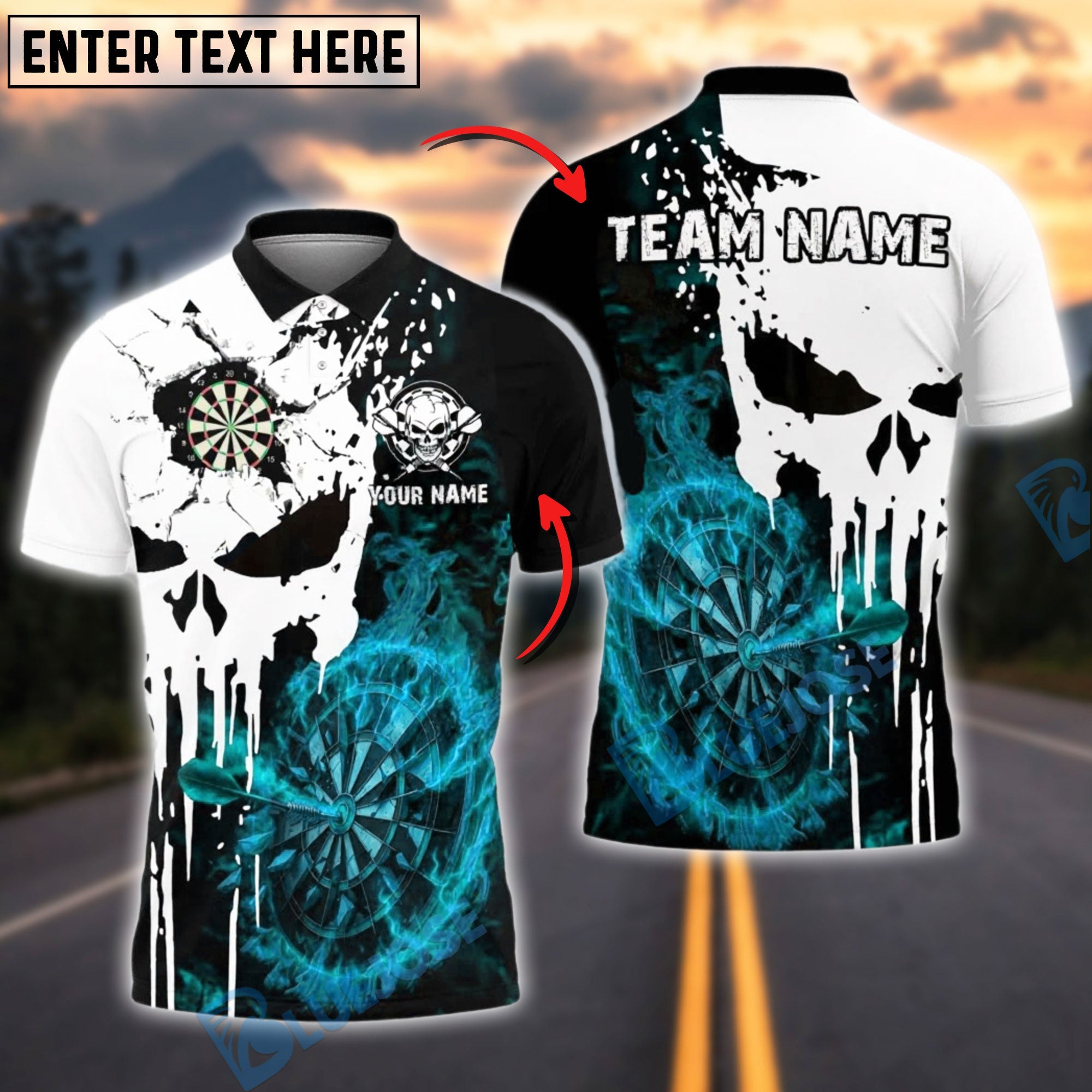 BlueJose Darts Skull Flaming Target Customized Name, Team Name 3D Shirt (4 Colors)