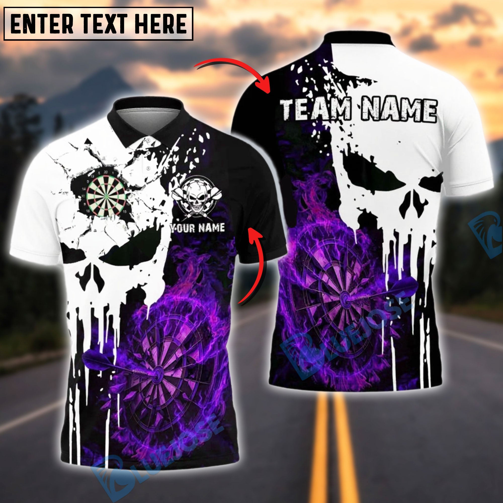 BlueJose Darts Skull Flaming Target Customized Name, Team Name 3D Shirt (4 Colors)