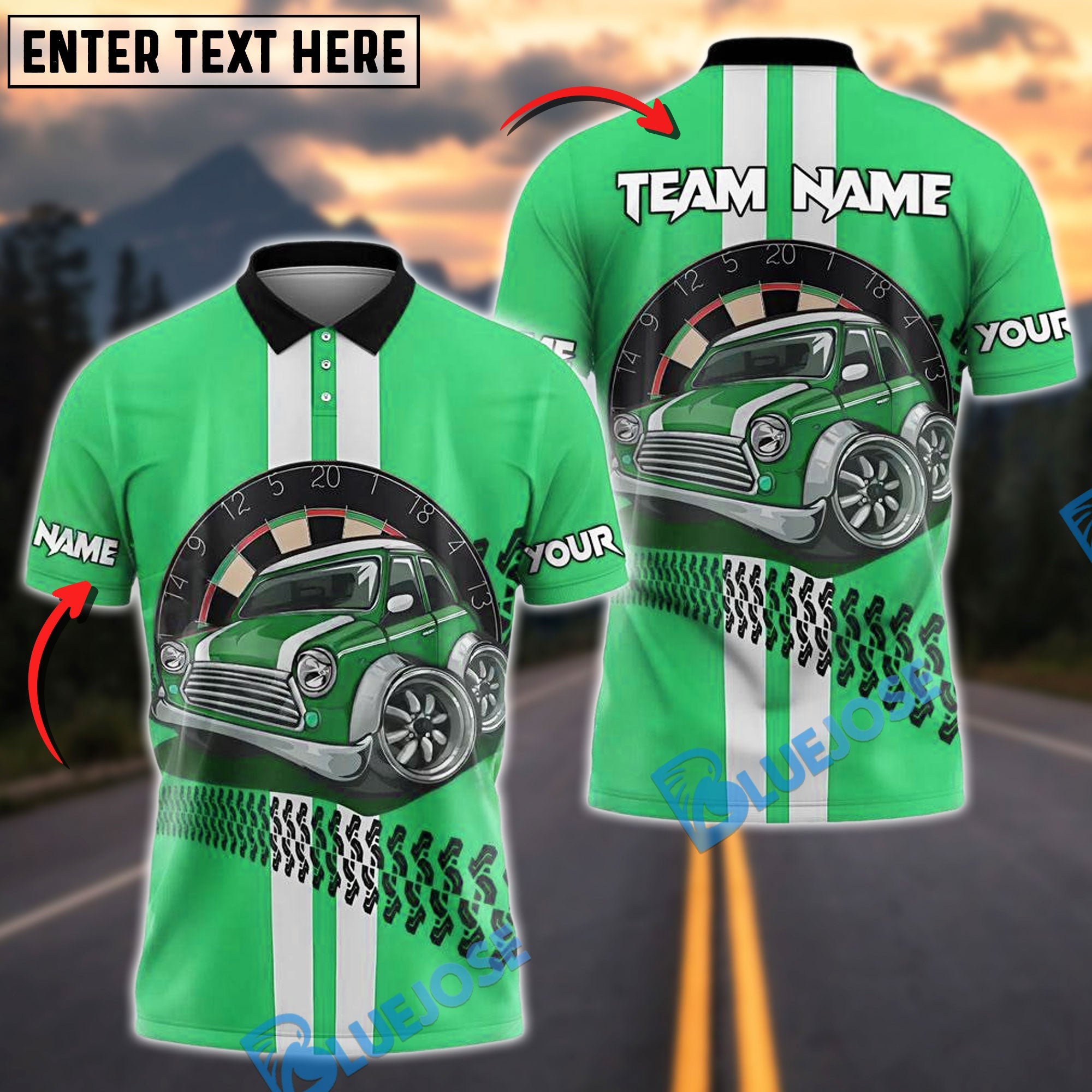 BlueJose Darts Classic Mini Car Tire Mark Design Personalized Name, Team Name Shirt (4 Colors)