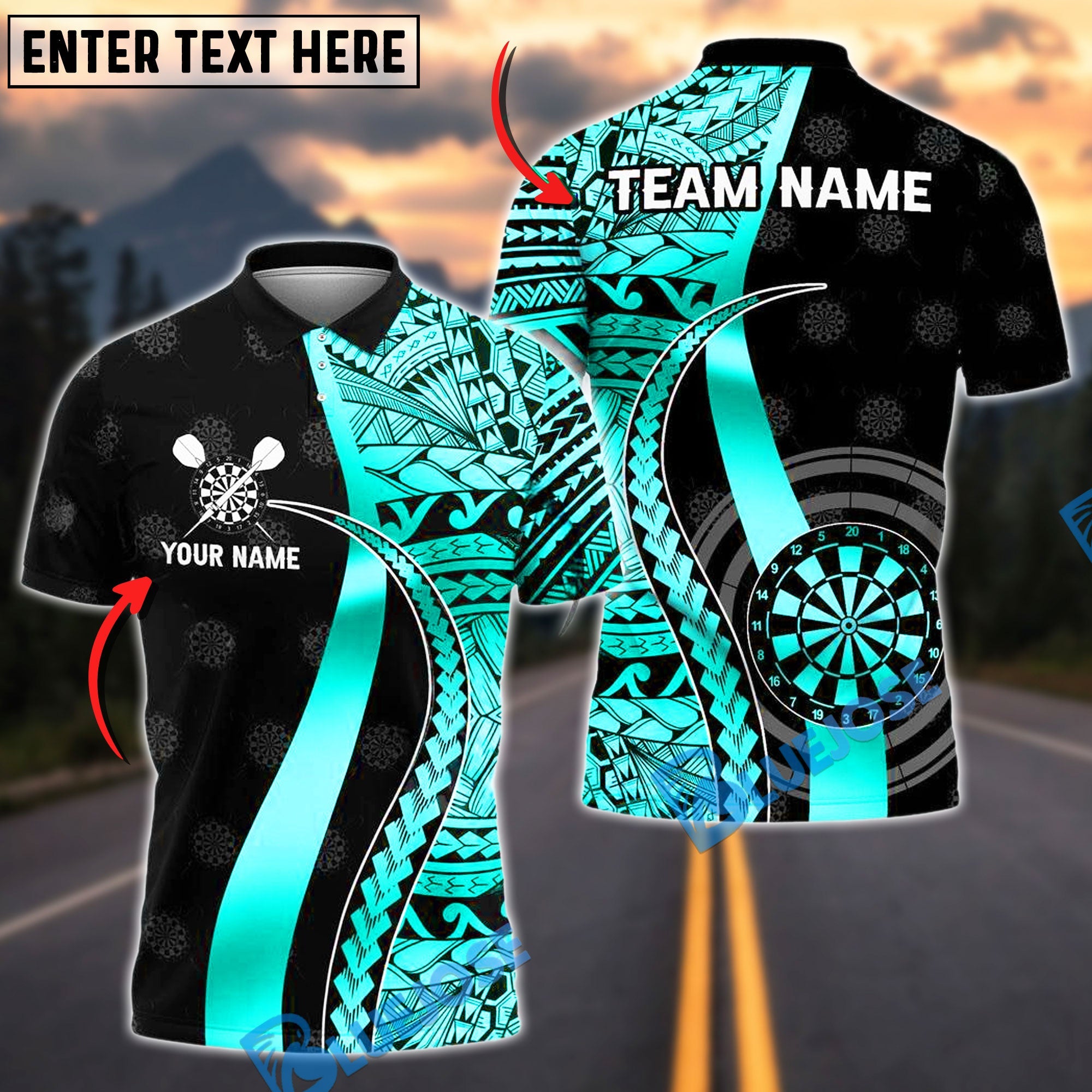 BlueJose Darts Golden Tribal Personalized Name, Team Name Shirt (4 Colors)