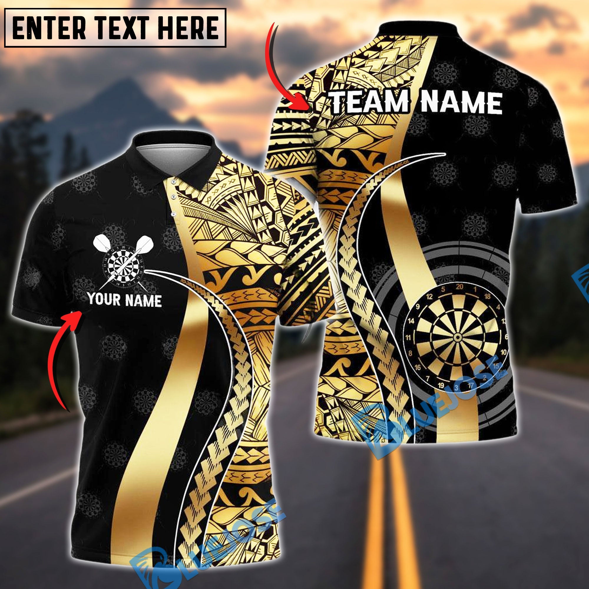 BlueJose Darts Golden Tribal Personalized Name, Team Name Shirt (4 Colors)