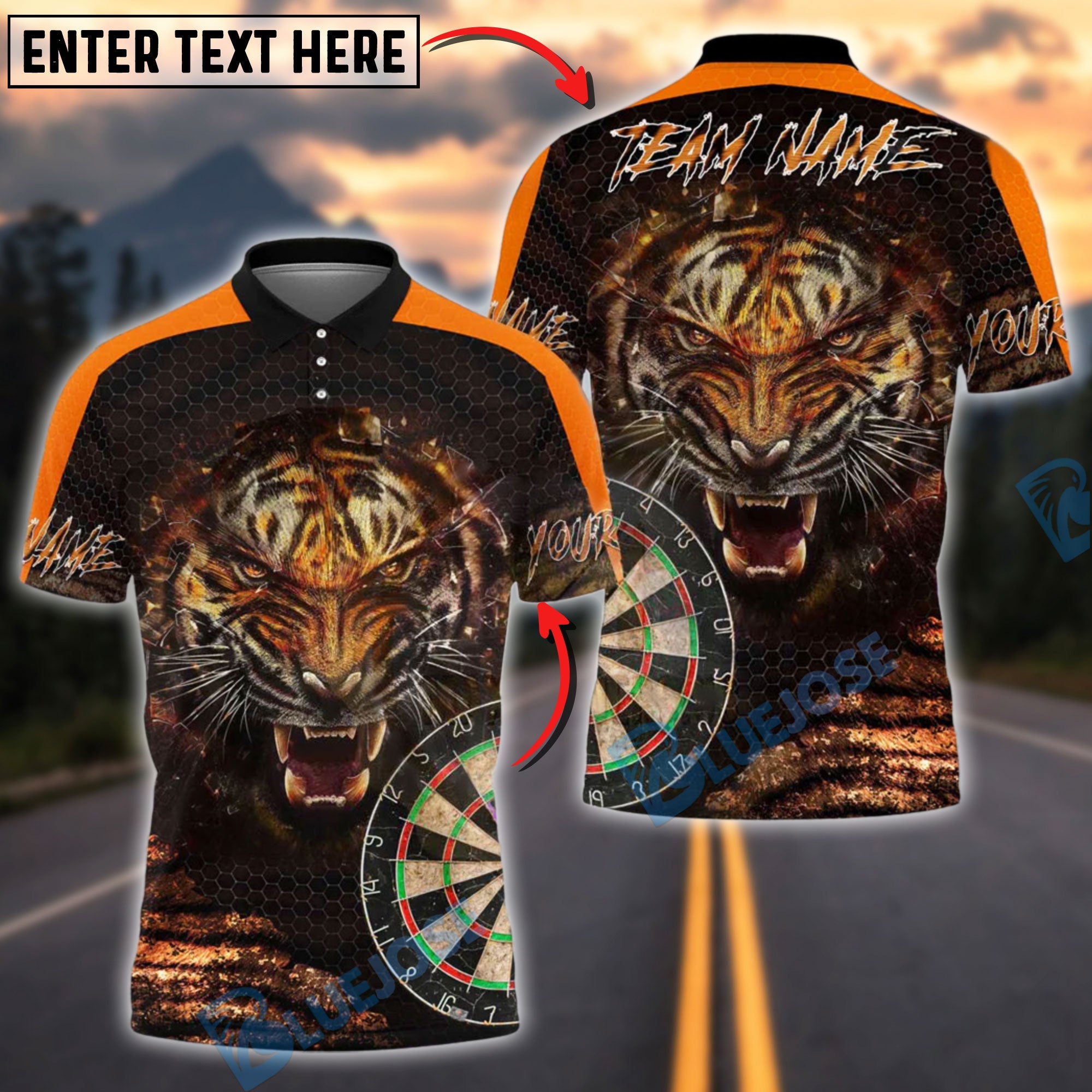 BlueJose Darts Tiger Face Roaring Customized Name, Team Name 3D Shirt (4 Colors)