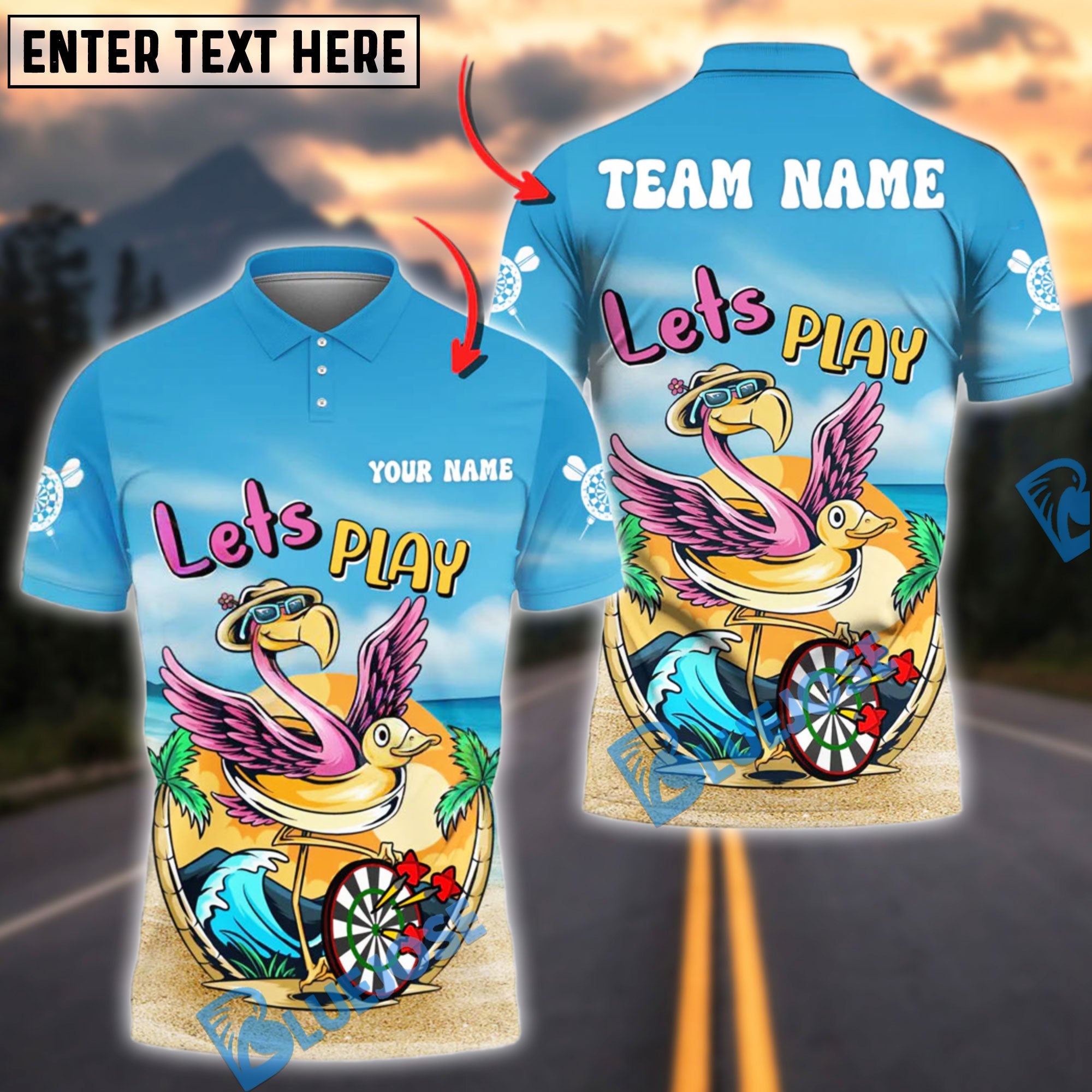 BlueJose Darts Tropical Flamingo Beach Style Personalized Name, Team Name Shirt