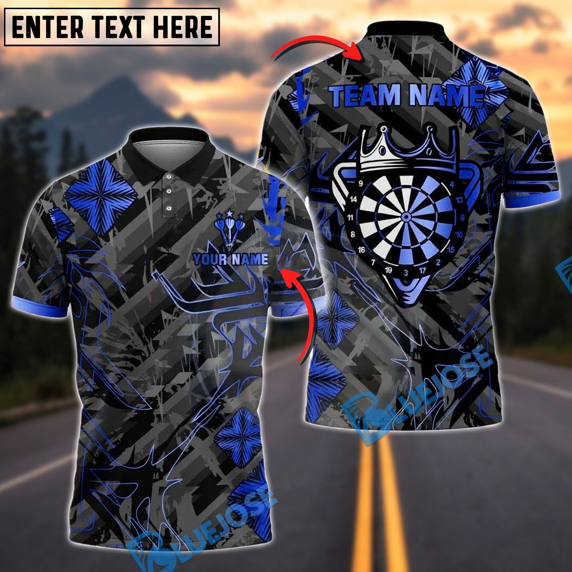 BlueJose Darts Royal Crown Gold Black Customized Name, Team Name 3D Shirt (4 Colors)