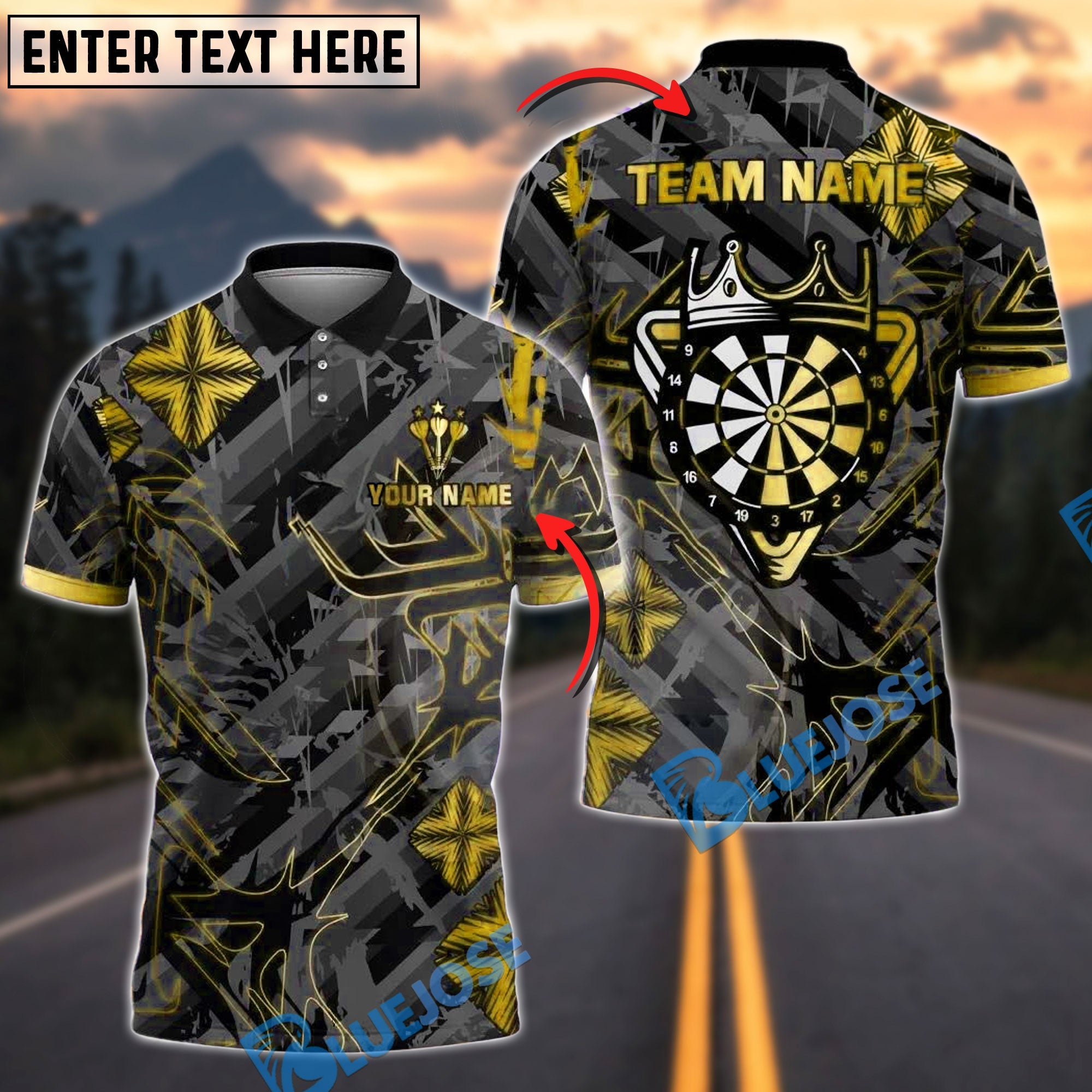 BlueJose Darts Royal Crown Gold Black Customized Name, Team Name 3D Shirt (4 Colors)