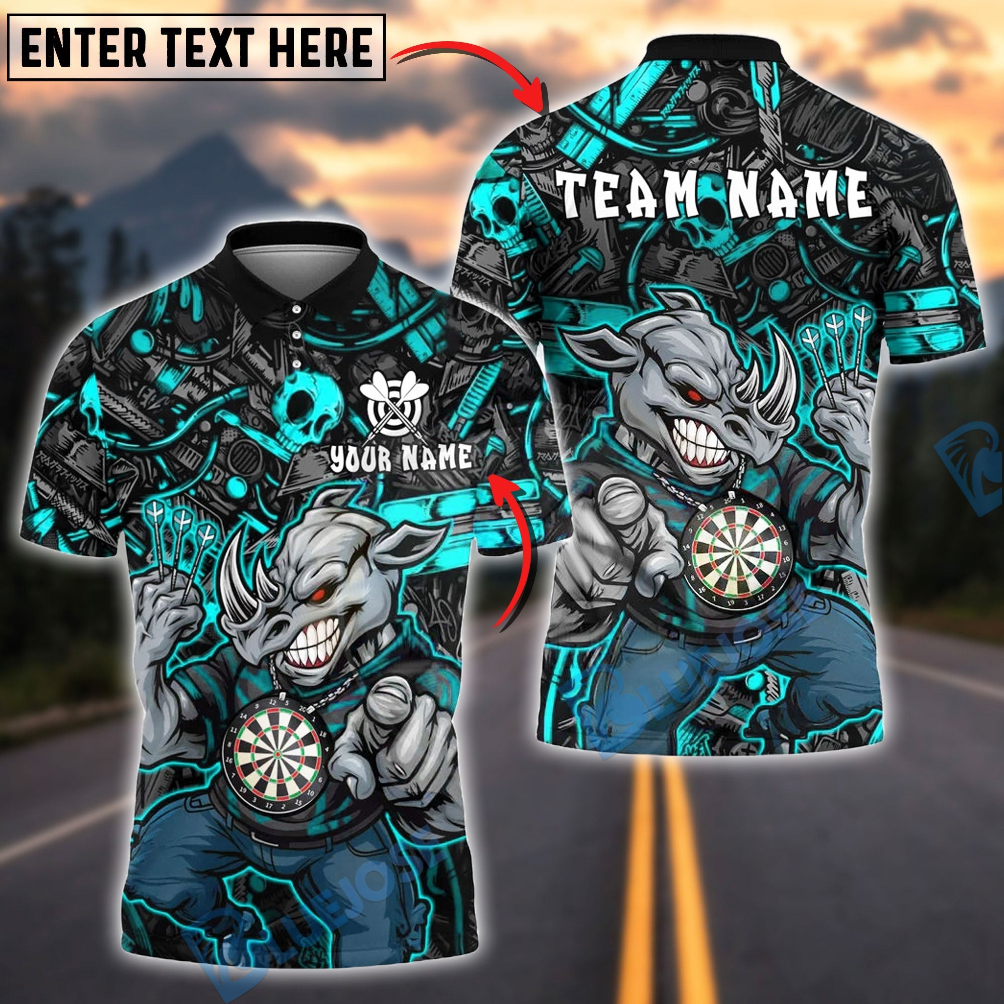 BlueJose Darts Rhino Angry Skull Design Customized Name, Team Name 3D Shirt (4 Colors)
