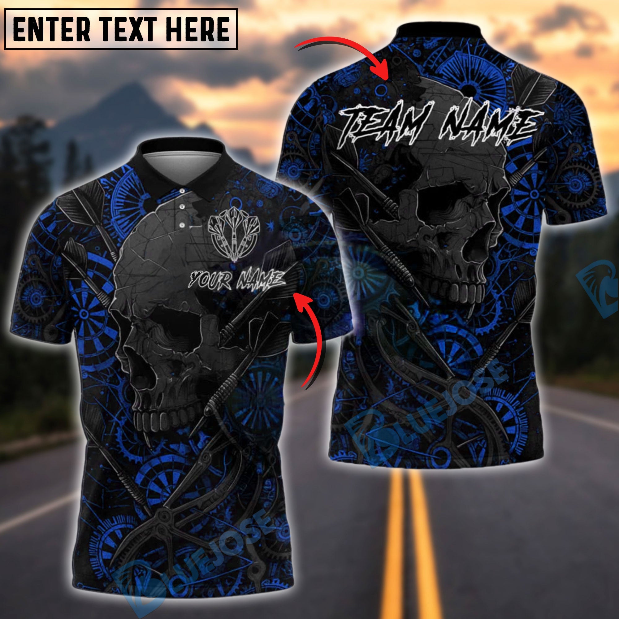 BlueJose Darts Skull Mechanical Gears Customized Name, Team Name 3D Shirt (4 Colors)