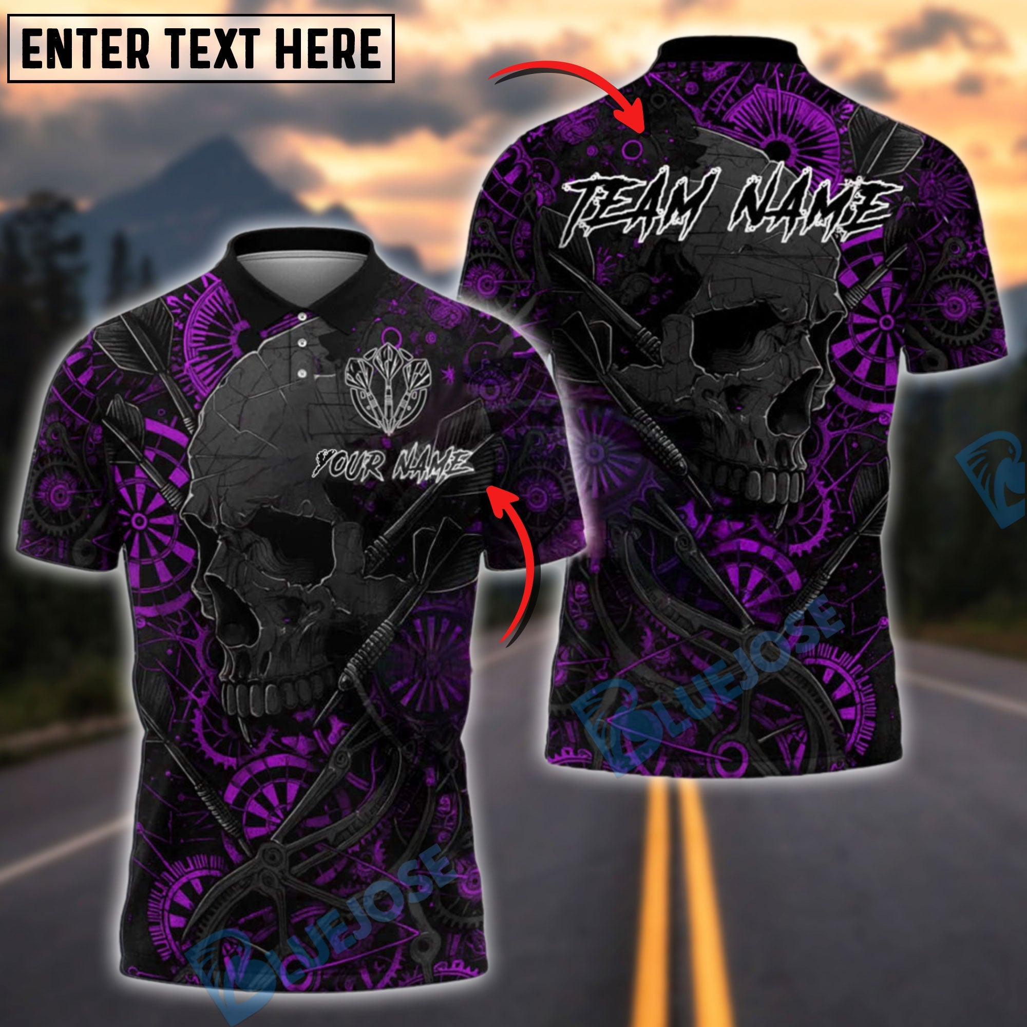 BlueJose Darts Skull Mechanical Gears Customized Name, Team Name 3D Shirt (4 Colors)