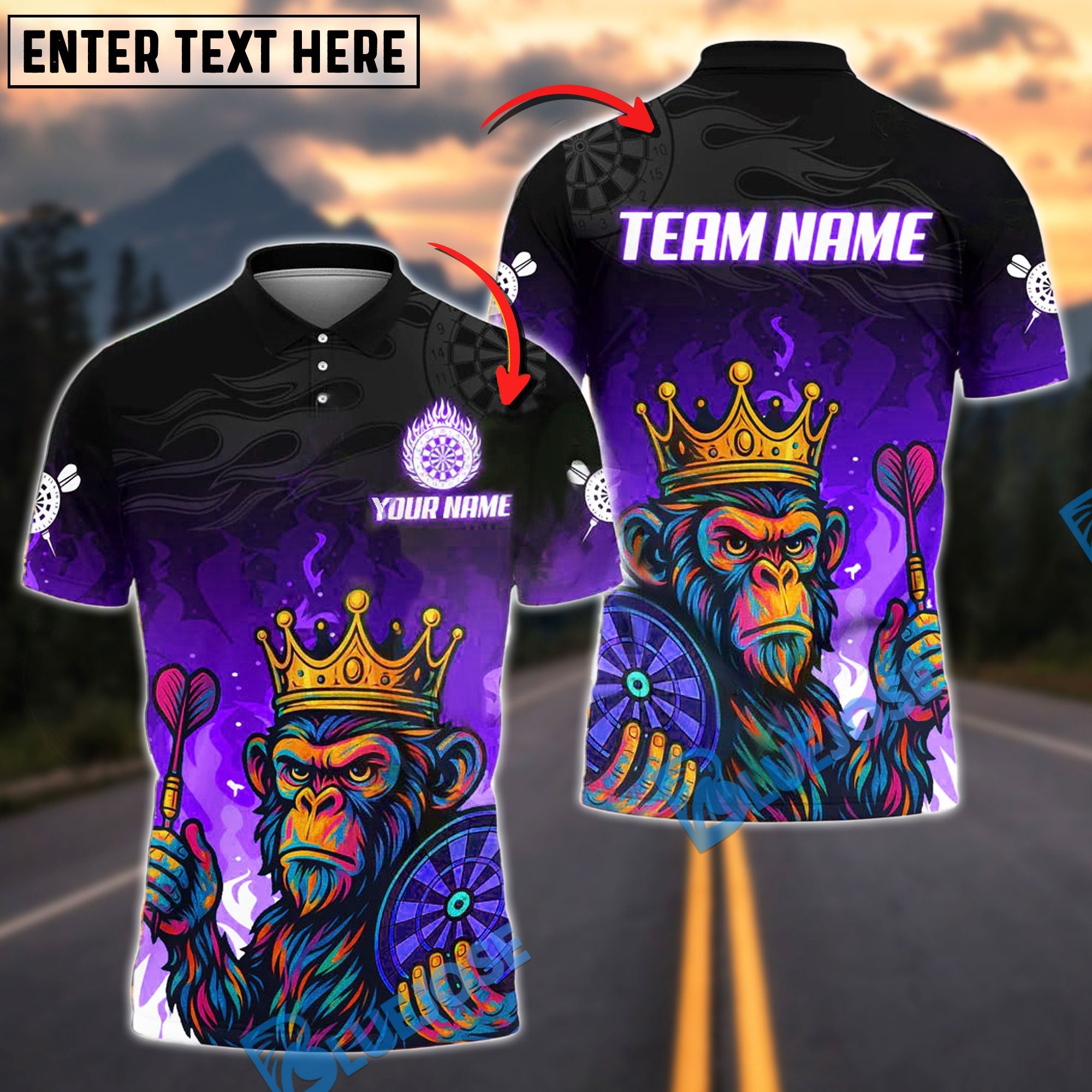 BlueJose Darts Monkey King Warrior Customized Name, Team Name 3D Shirt (4 Colors)