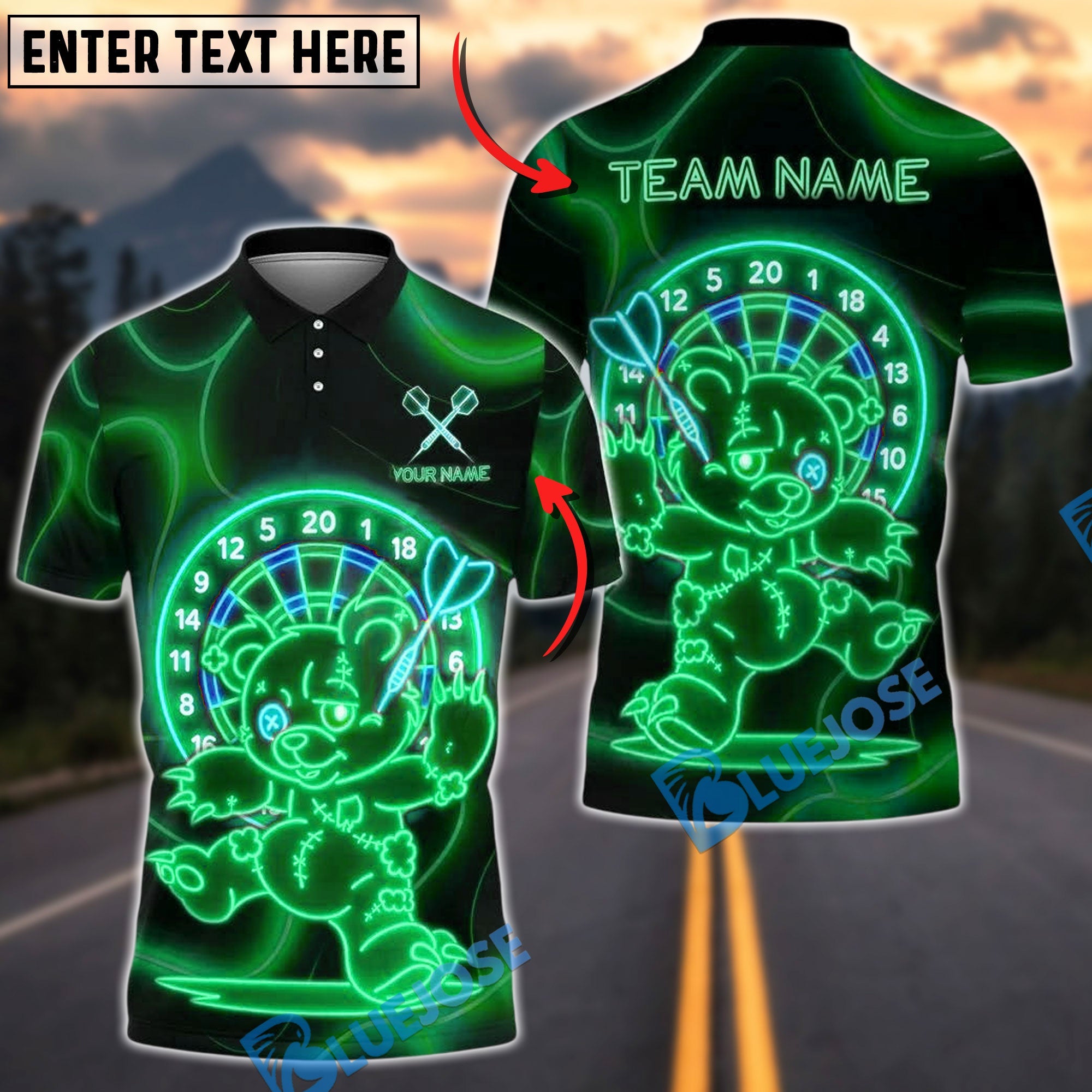 BlueJose Darts Neon Dartboard Bear Running Customized Name, Team Name 3D Shirt (4 Colors)