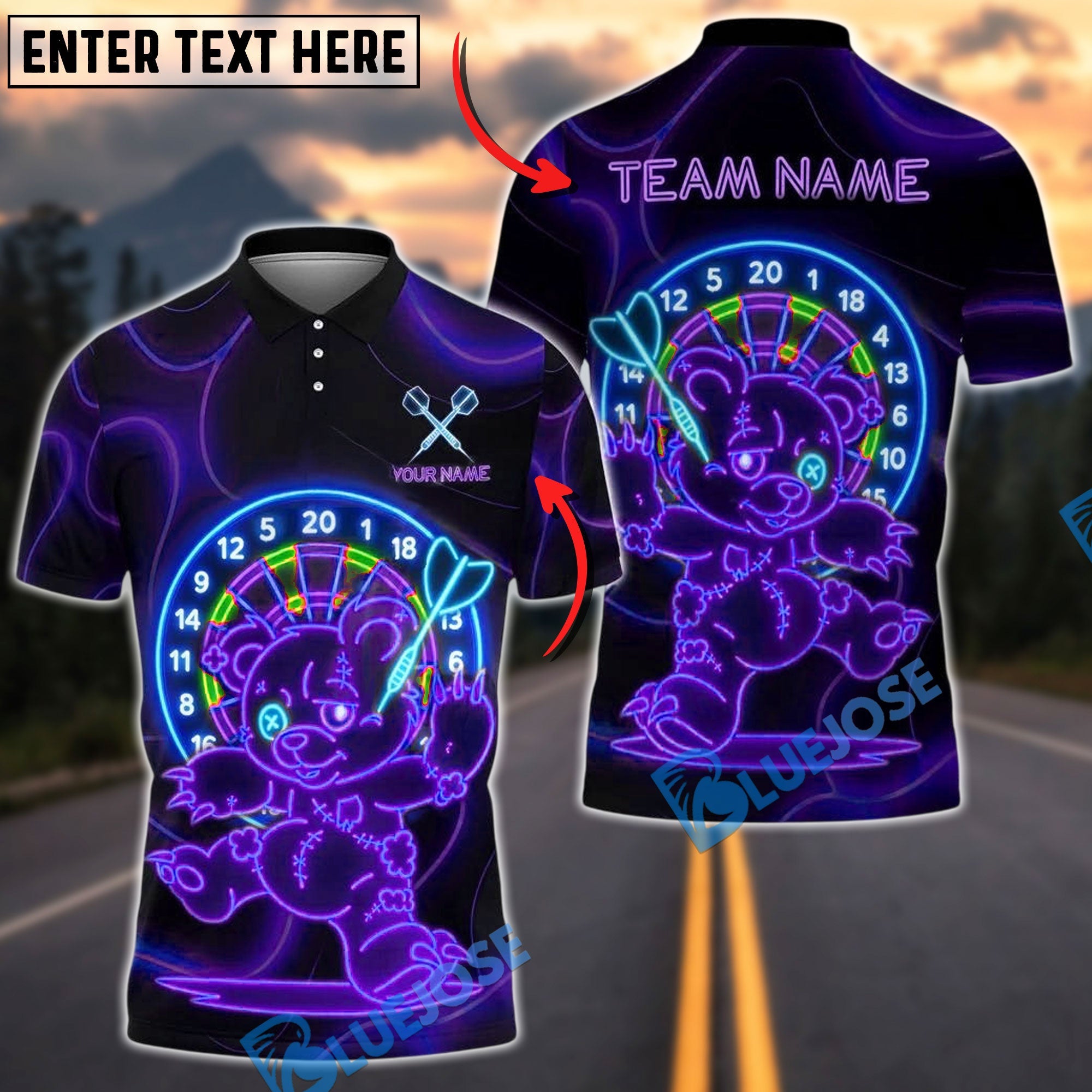 BlueJose Darts Neon Dartboard Bear Running Customized Name, Team Name 3D Shirt (4 Colors)