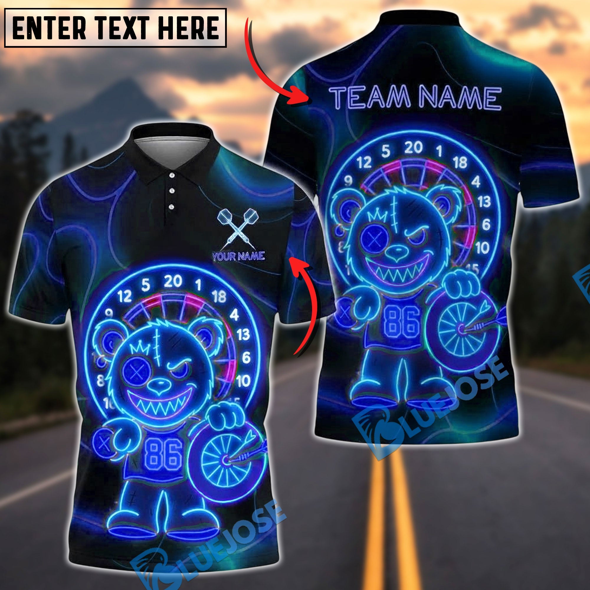 BlueJose Darts Neon Dartboard Bear Holding Darts Customized Name, Team Name 3D Shirt (4 Colors)