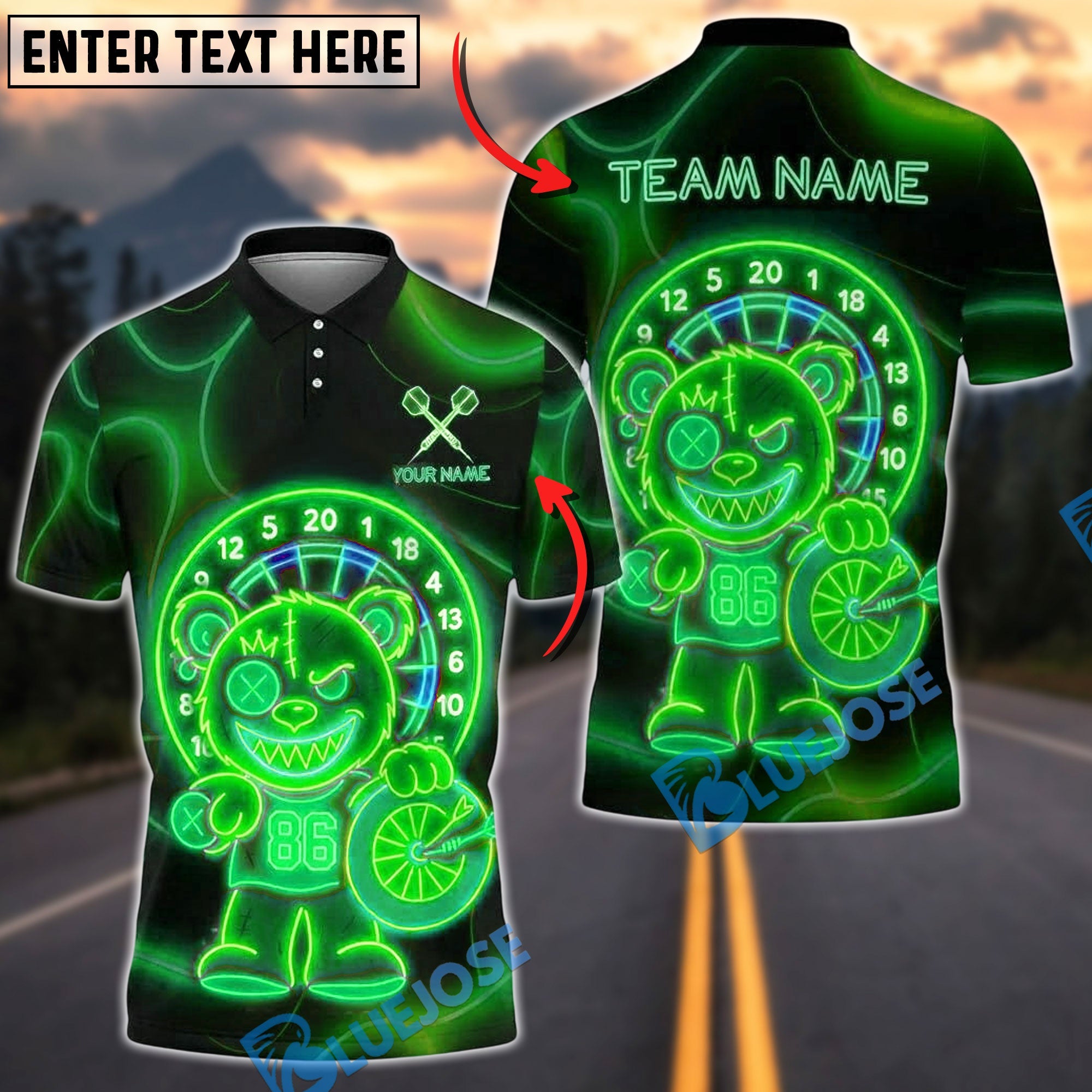 BlueJose Darts Neon Dartboard Bear Holding Darts Customized Name, Team Name 3D Shirt (4 Colors)