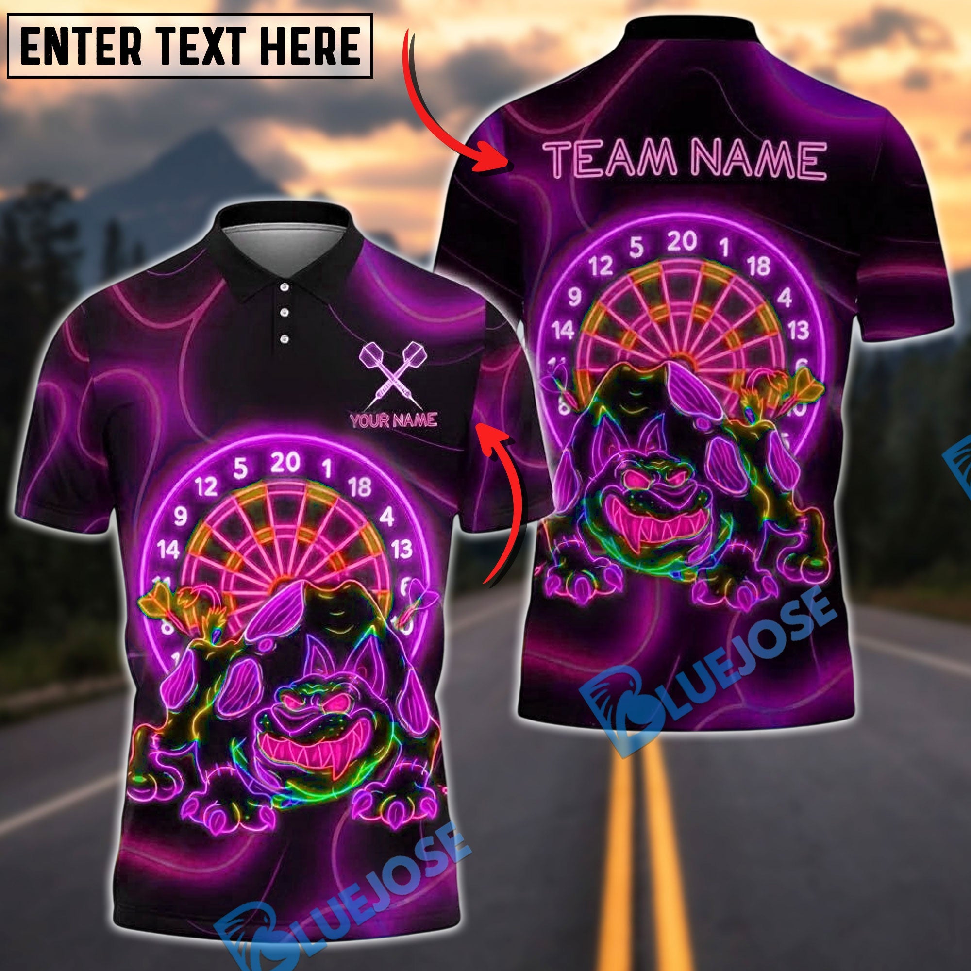 BlueJose Darts Neon Dartboard Monster Bulldog Customized Name, Team Name 3D Shirt (4 Colors)