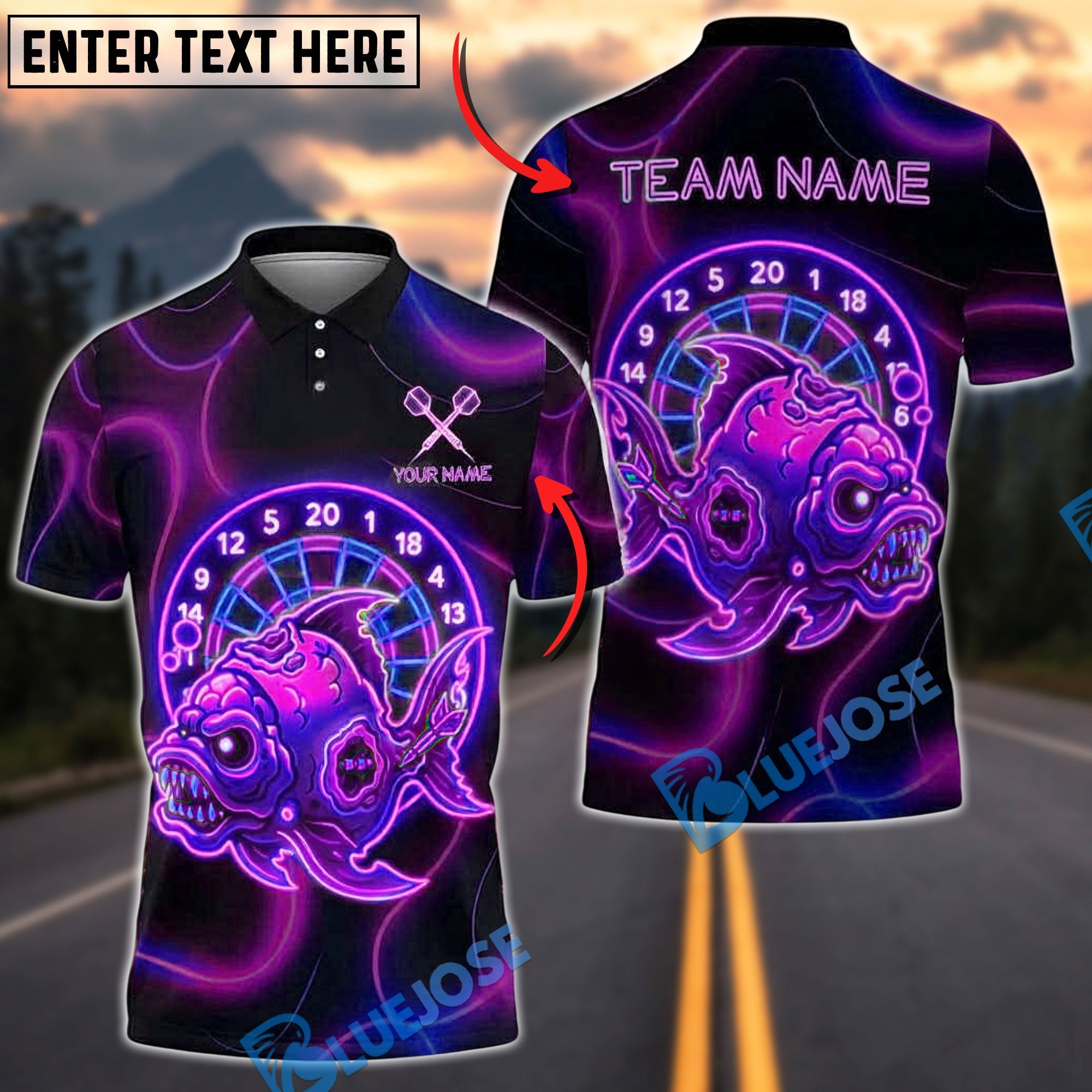 BlueJose Darts Neon Dartboard Zombie Fish Customized Name, Team Name 3D Shirt (4 Colors)