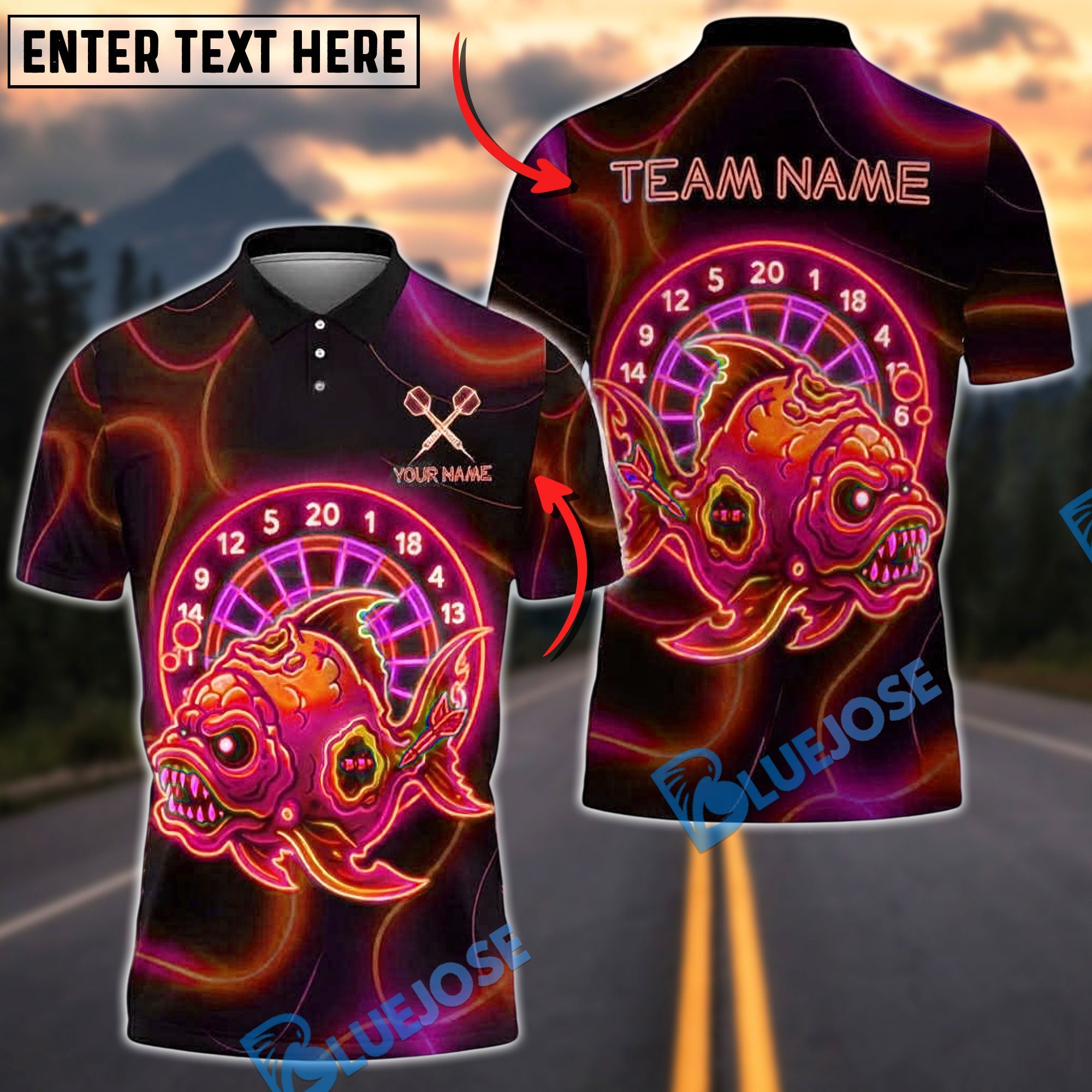 BlueJose Darts Neon Dartboard Zombie Fish Customized Name, Team Name 3D Shirt (4 Colors)