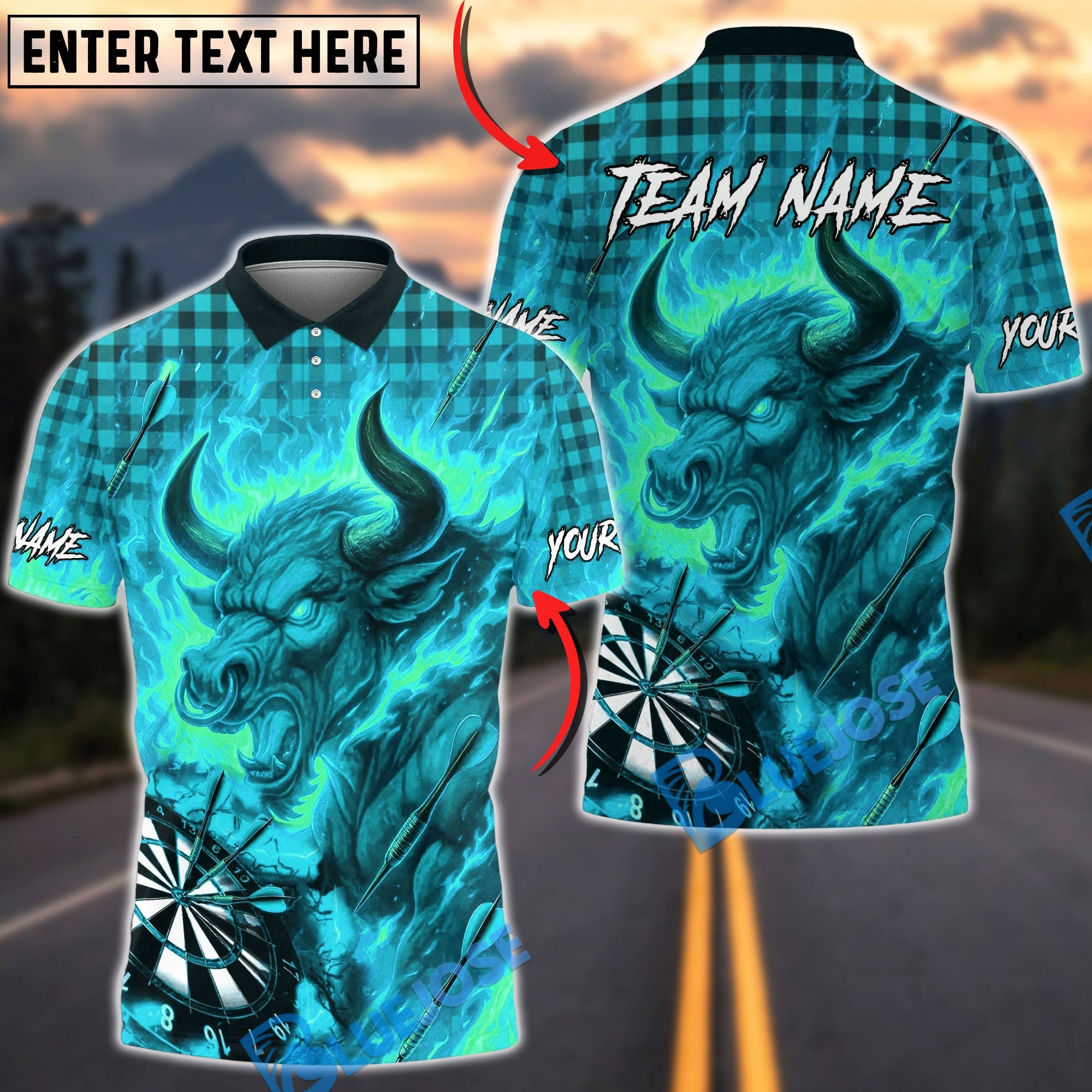 BlueJose Darts Bull Fire Flames Caro Pattern Multicolor Options Personalized Name Shirt (4 Colors)
