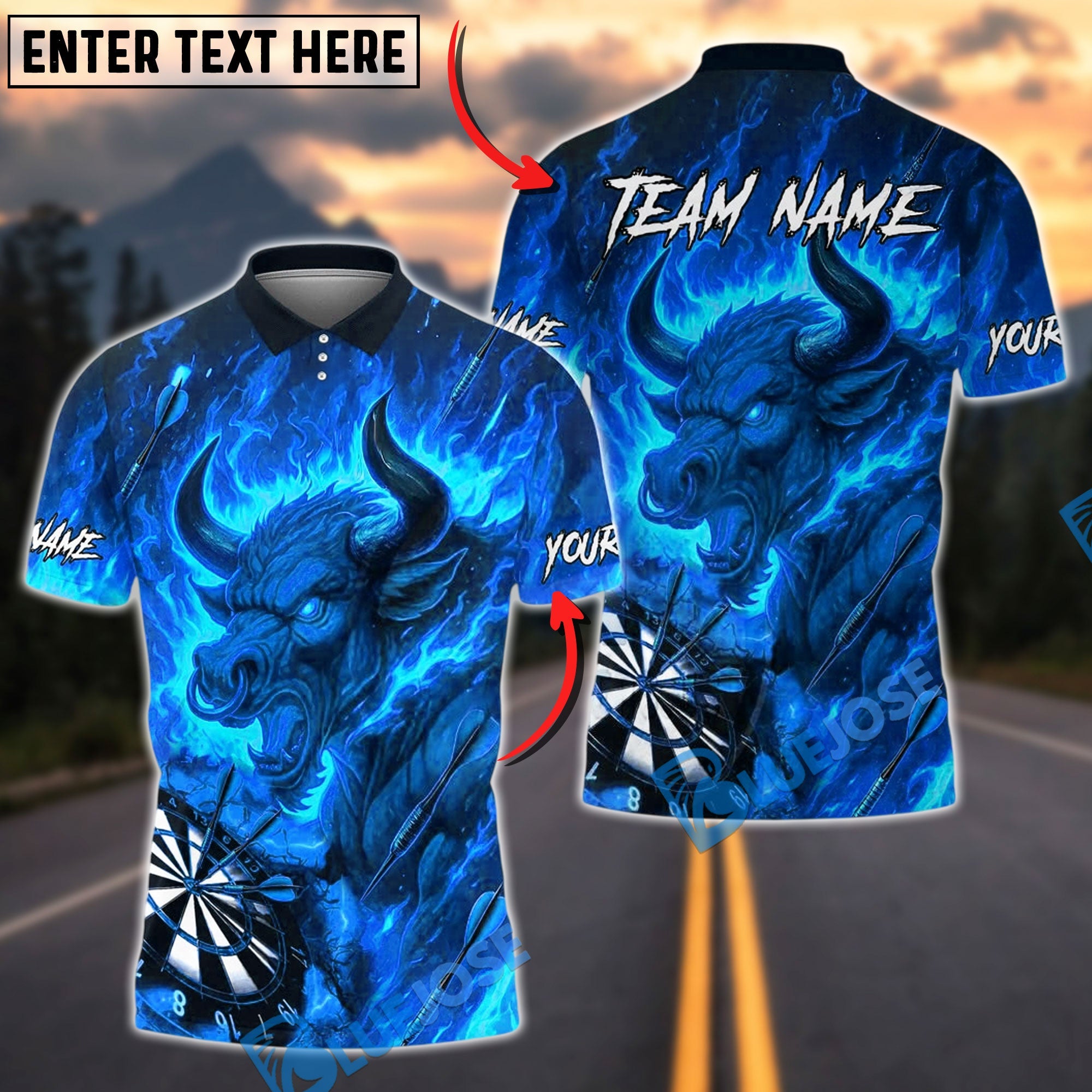 BlueJose Darts Bull Fire Flames Personalized Name, Team Name Unisex Shirt (4 Colors)