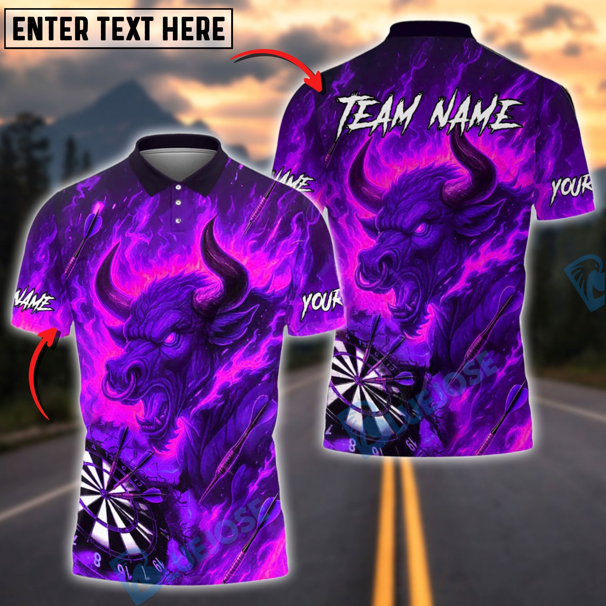 BlueJose Darts Bull Fire Flame Customized Name, Team Name 3D Shirt (4 Colors)