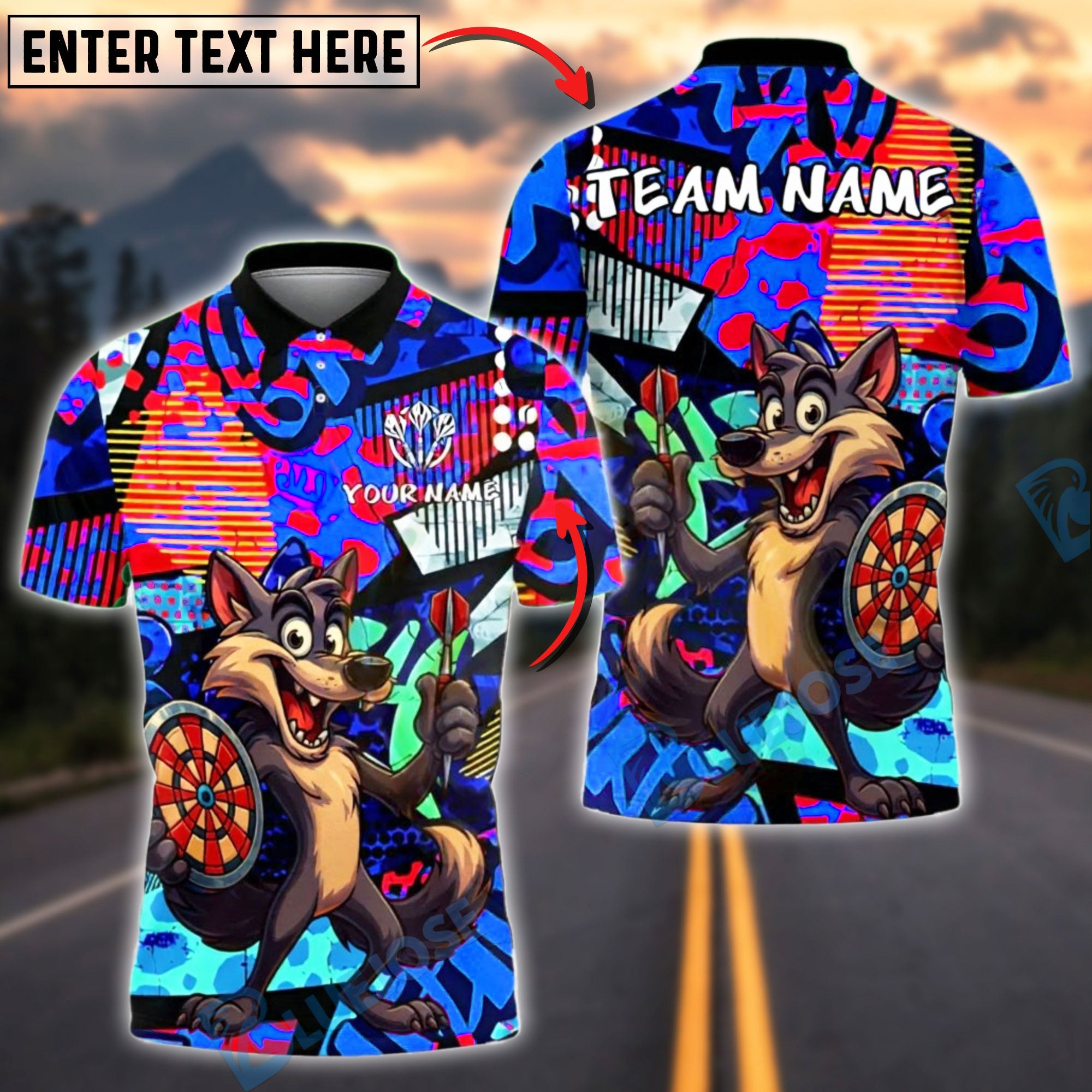 BlueJose Darts Funny Wolf Graffiti Style Customized Name, Team Name 3D Shirt (4 Colors)